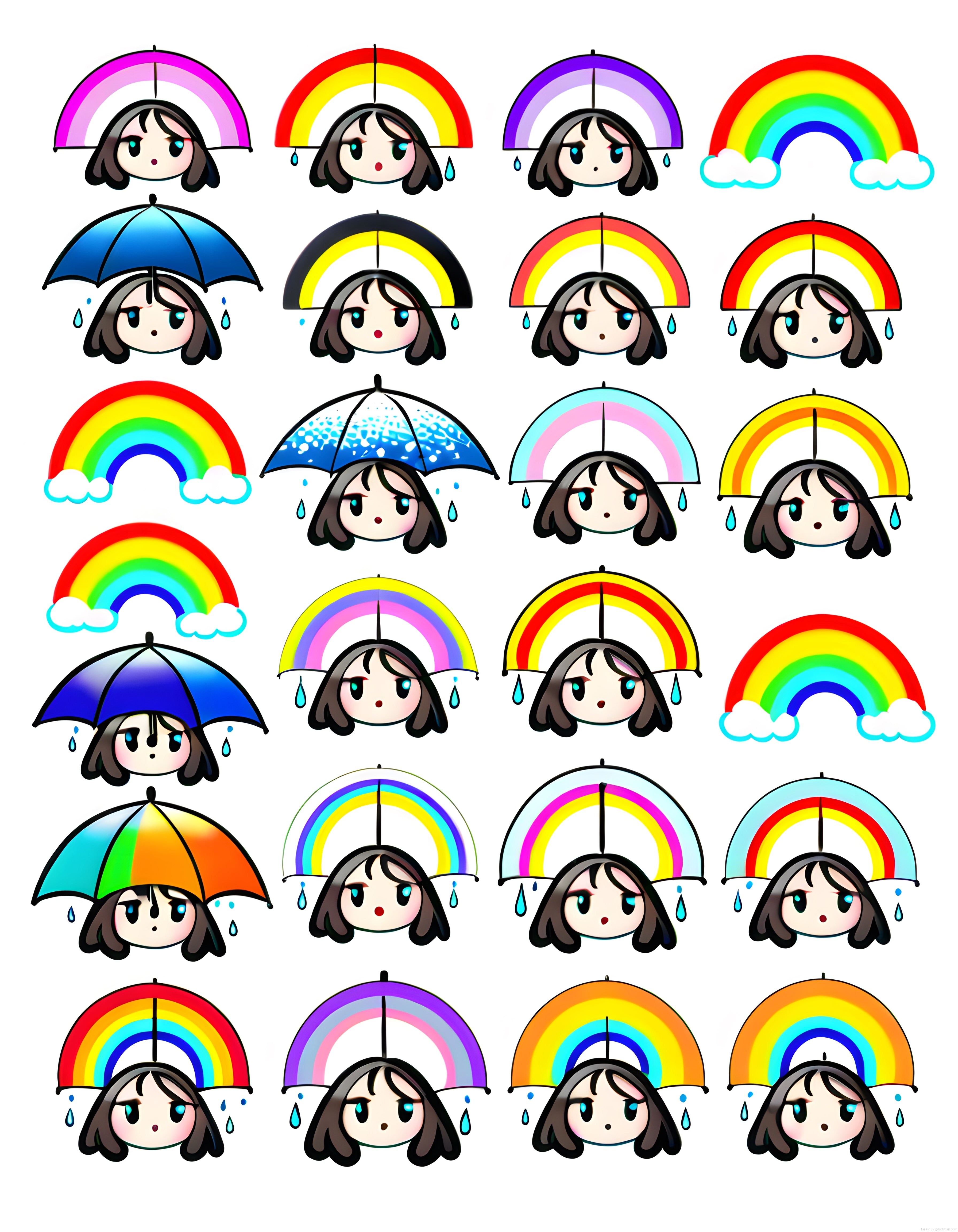 Sevimli chibi kız ve renkli şemsiye gökkuşağı temalı dijital sanat stickerları