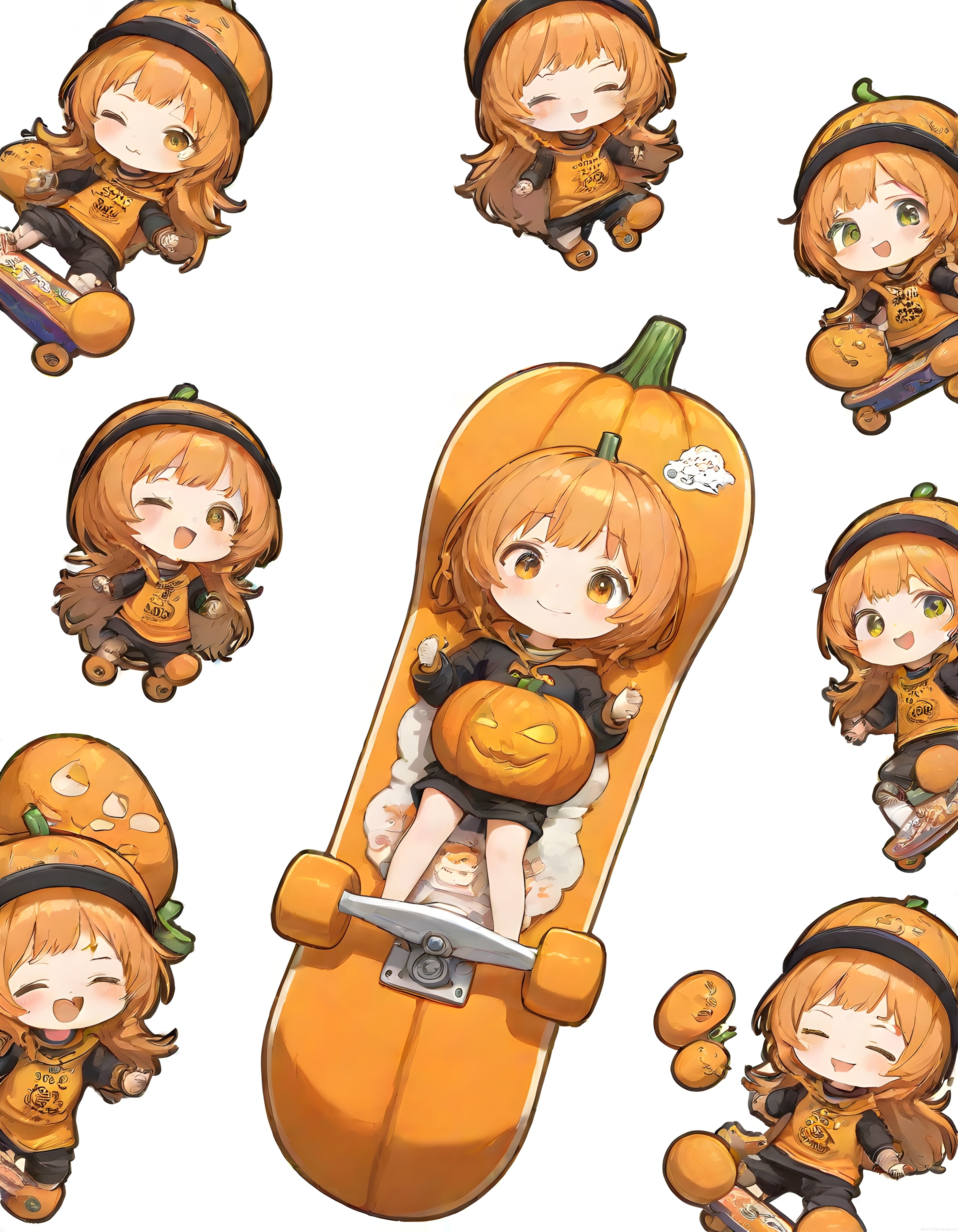 sevimli chibi kız ve turuncu balkabağı kaykay ile cadılar bayramı illüstrasyonu