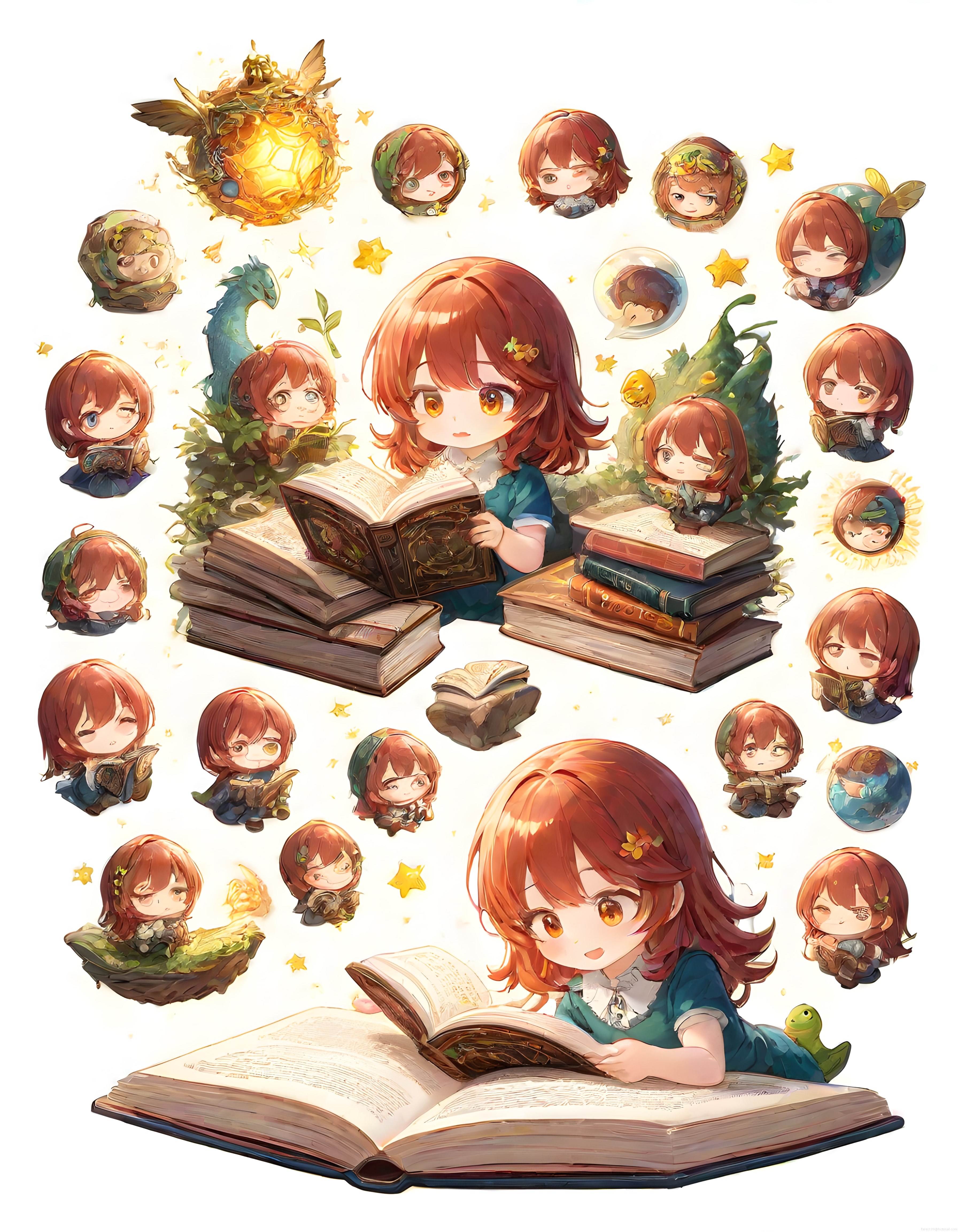 Sevimli Chibi Kızın Büyülü Kitap Dünyası ve Fantastik Duygu İfadeleri