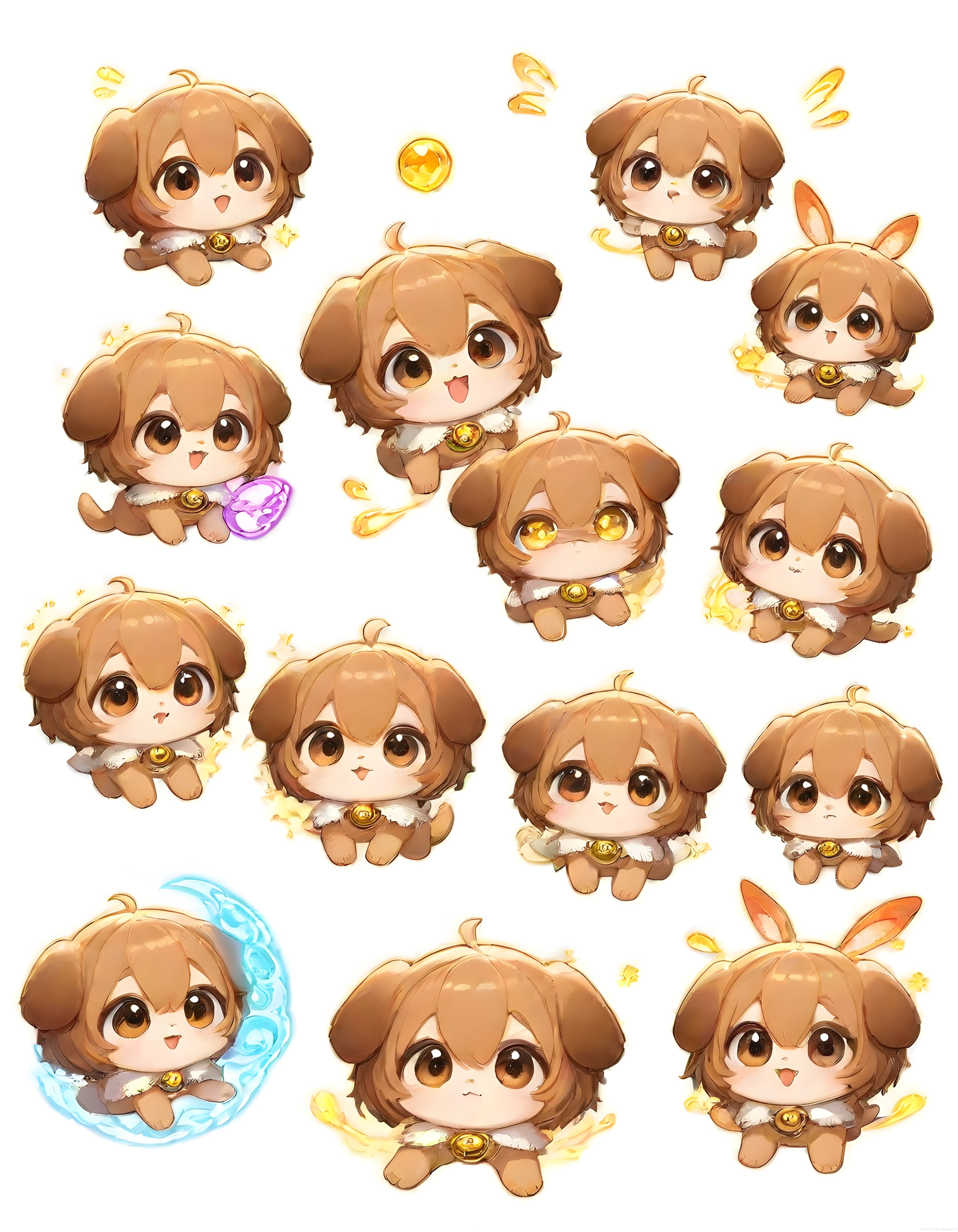 Sevimli chibi köpek karakteri farklı duygu ifadeleri ve büyülü anime efektleri