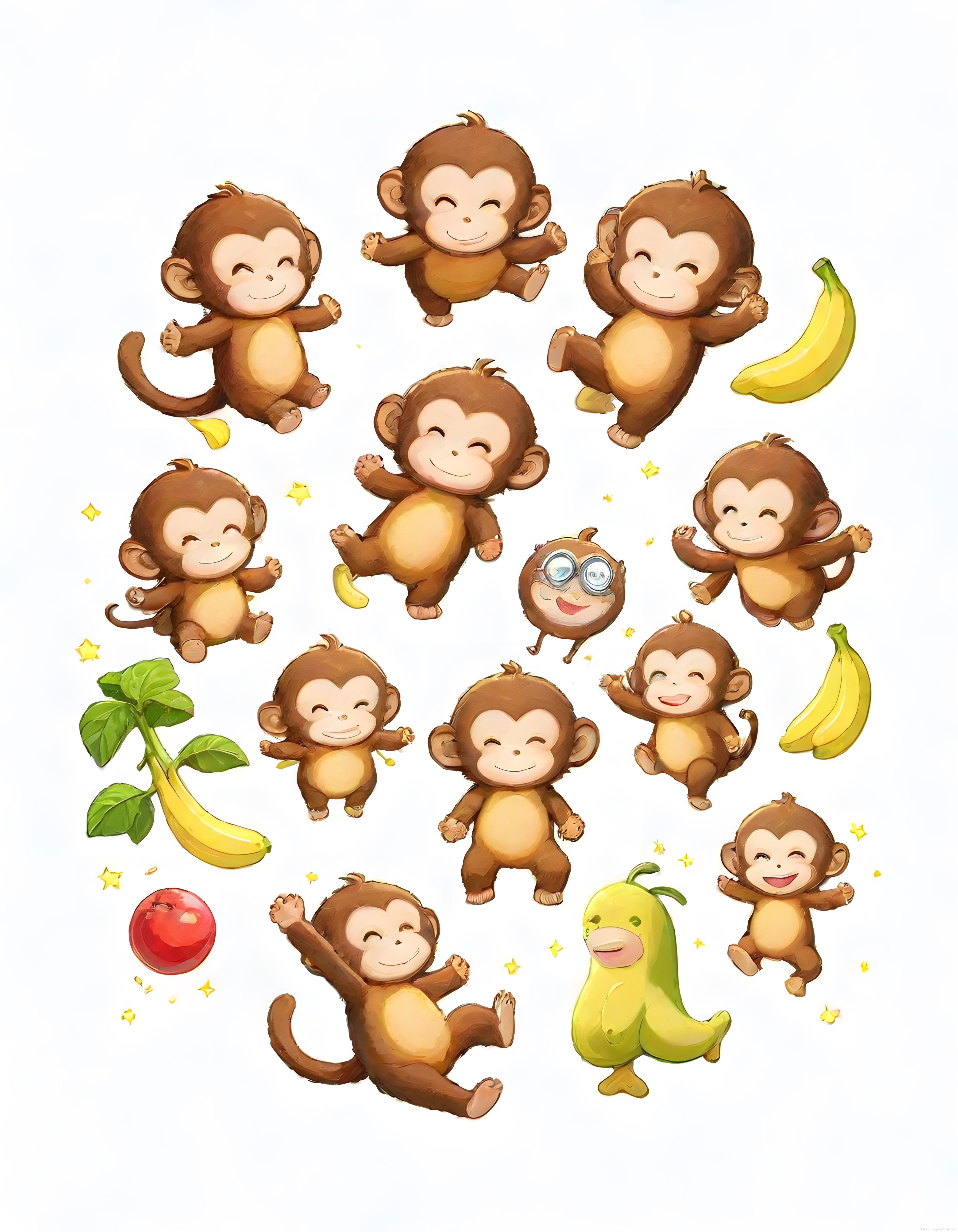 Sevimli chibi maymun karakterleri ve muzlu neşeli animasyon sticker seti