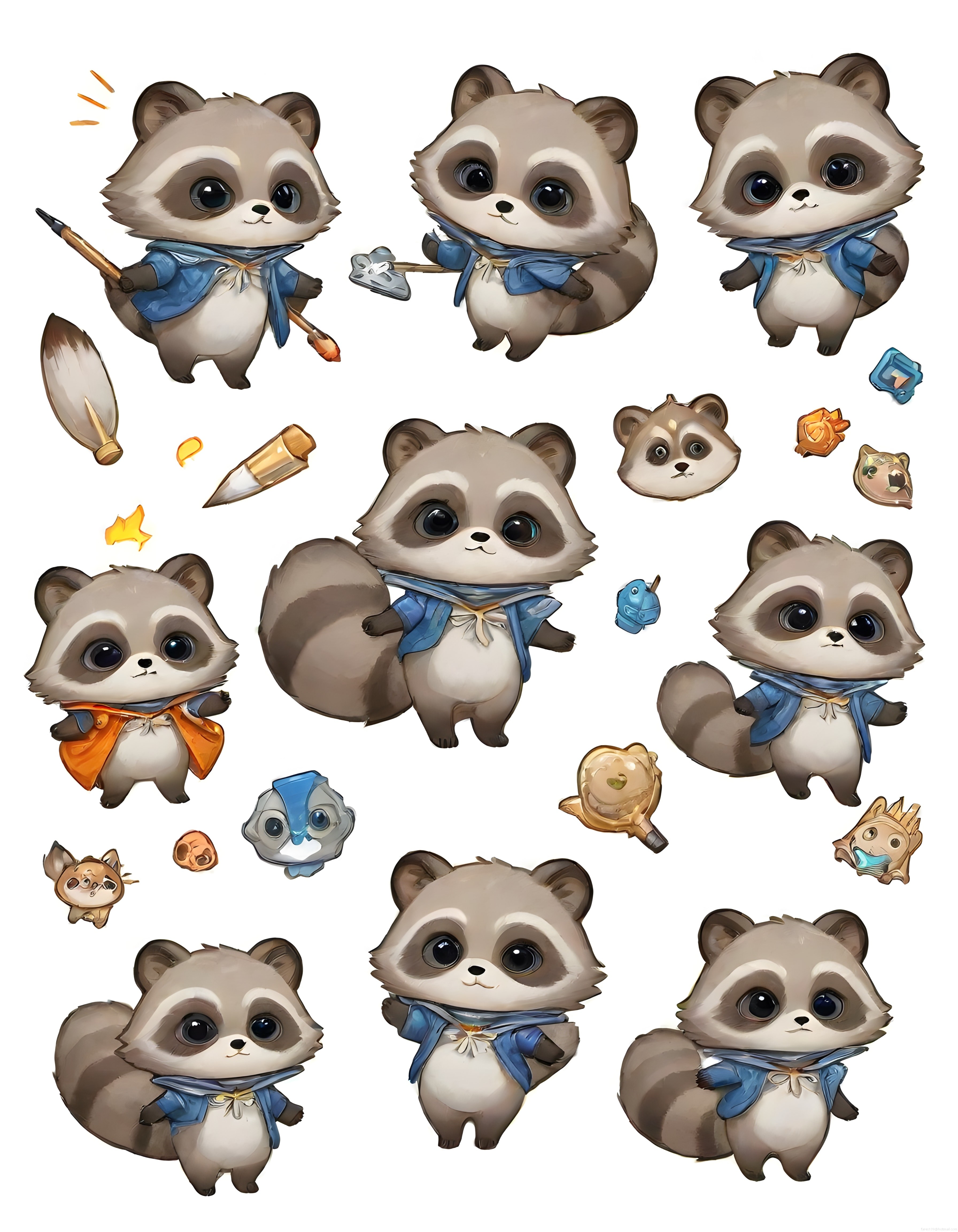 Sevimli Chibi Rakun Karakterleri: Mavi Atkılı Dijital Çizim ve Sticker Seti