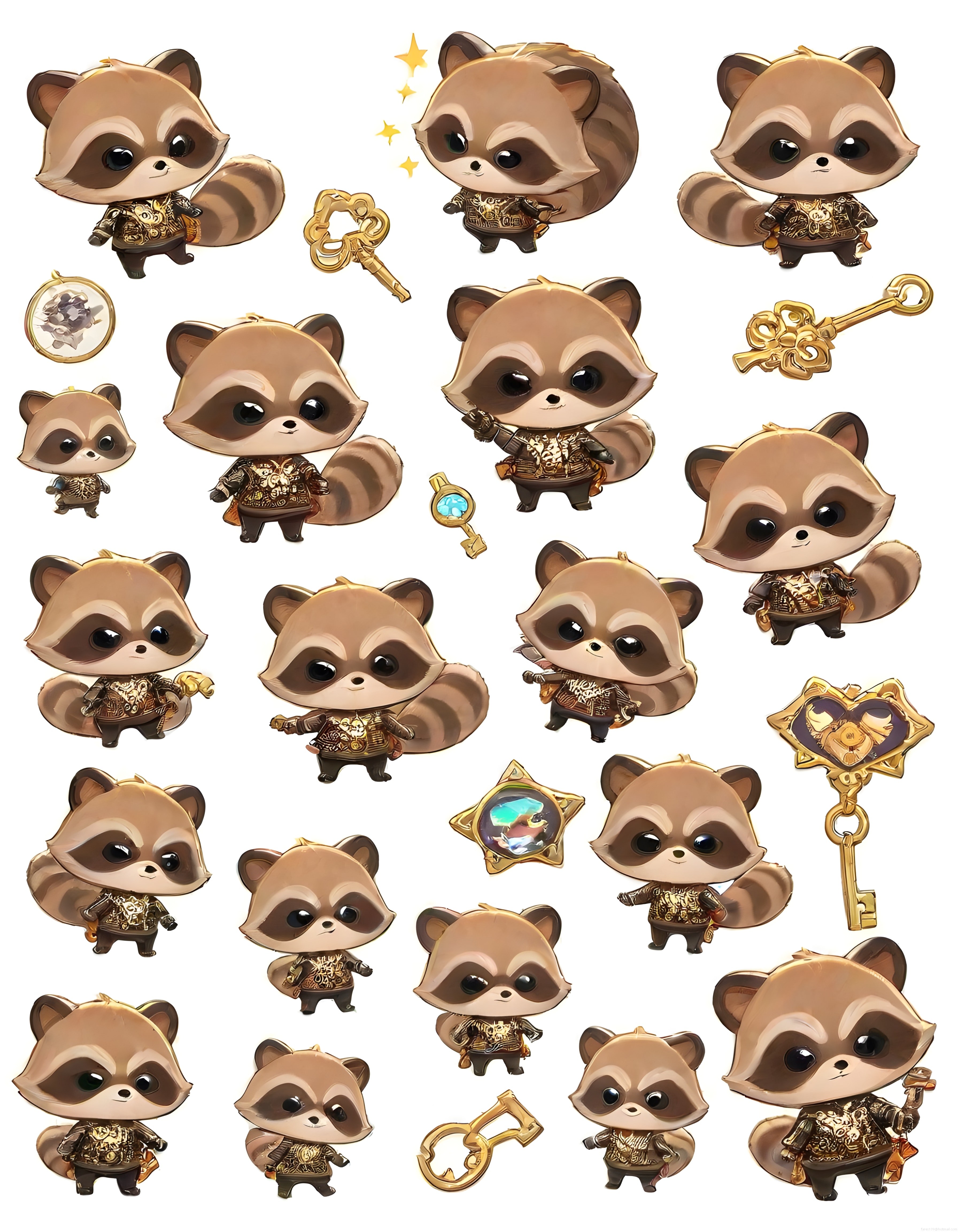 Sevimli Chibi Rakun Karakterleri ve Altın Süslemeli Fantastik Aksesuar Seti