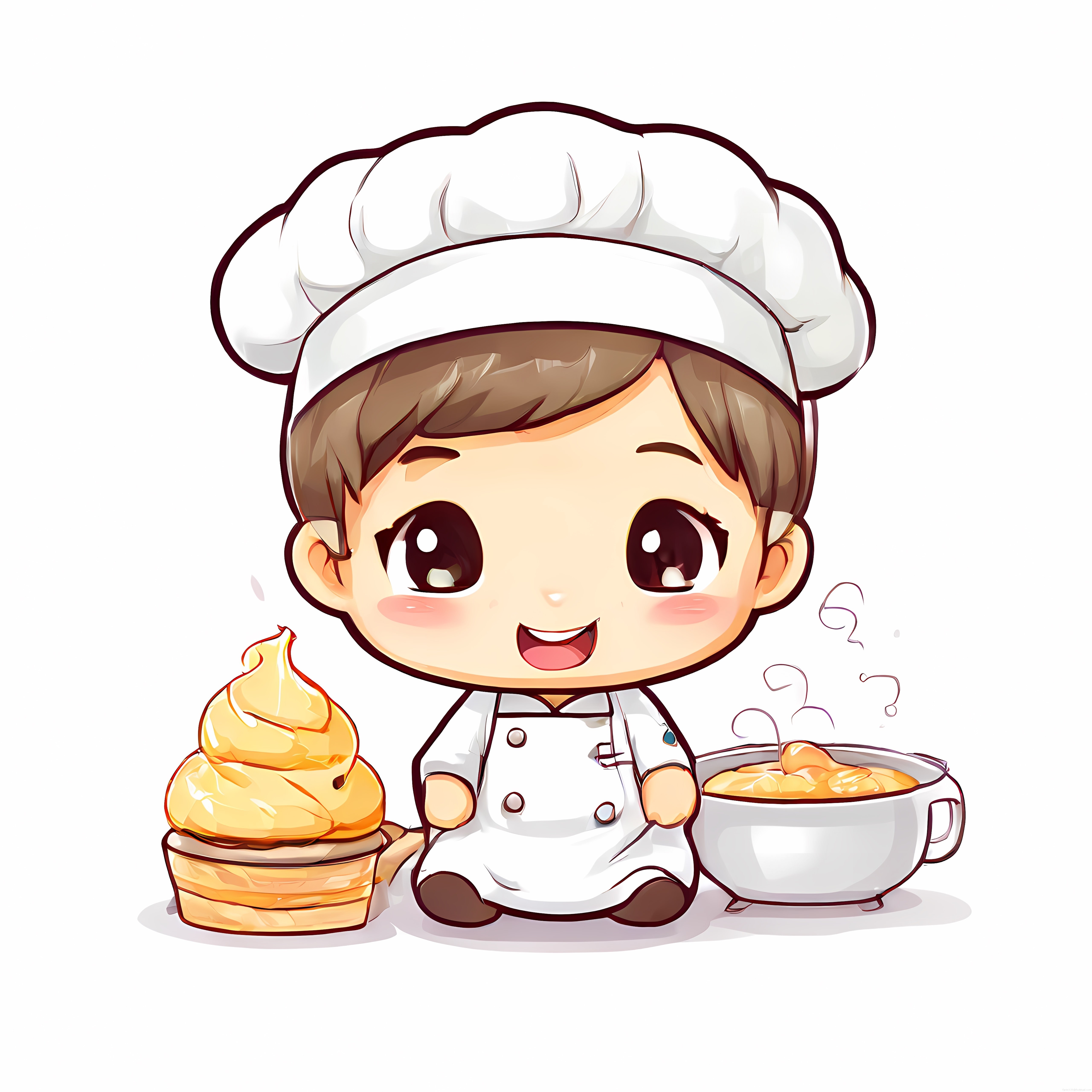 Sevimli Chibi Şef Çocuk Karakteri ve Cupcake Mutfak İllüstrasyonu