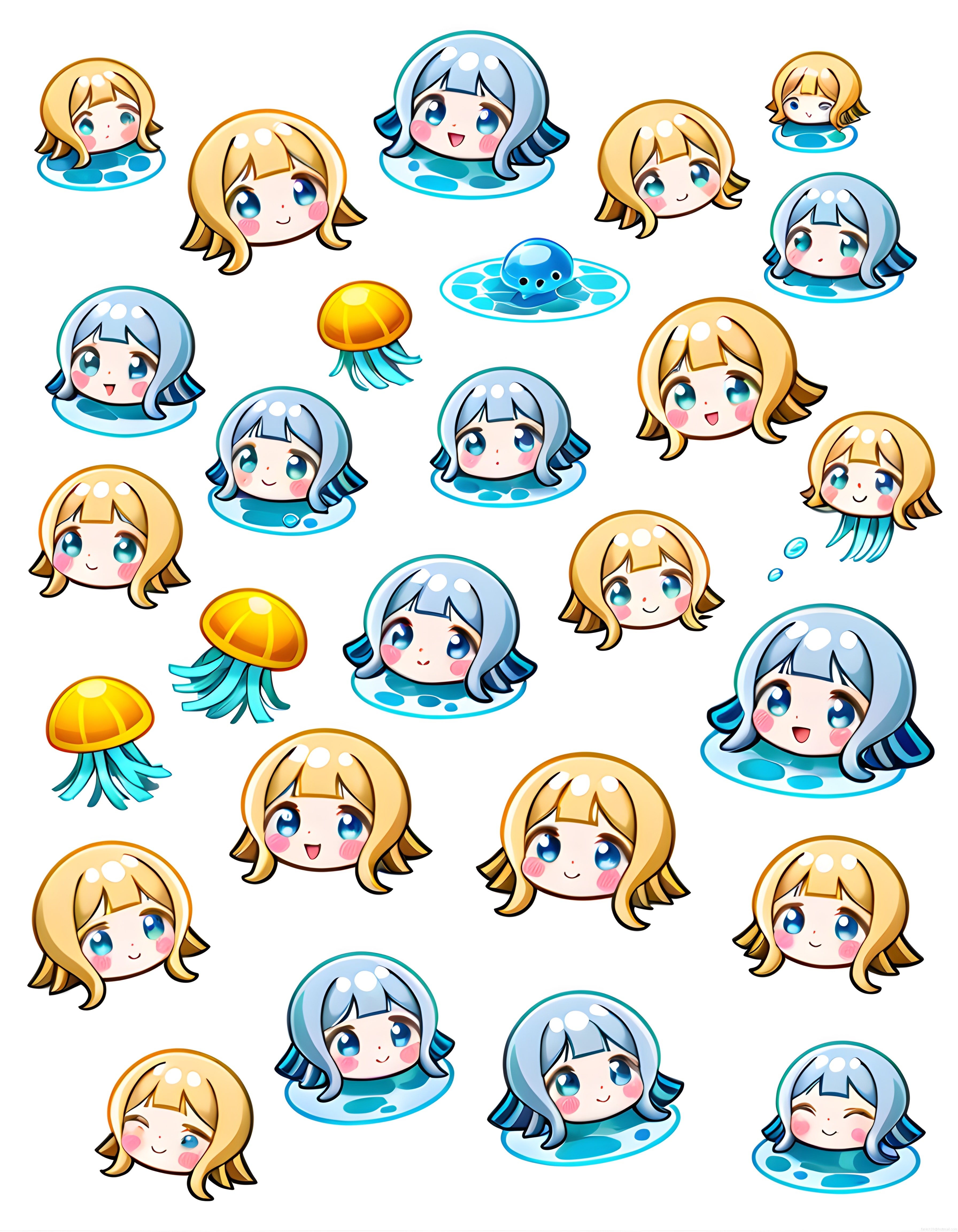 Sevimli chibi su perileri ve renkli deniz anası dijital sanat sticker seti