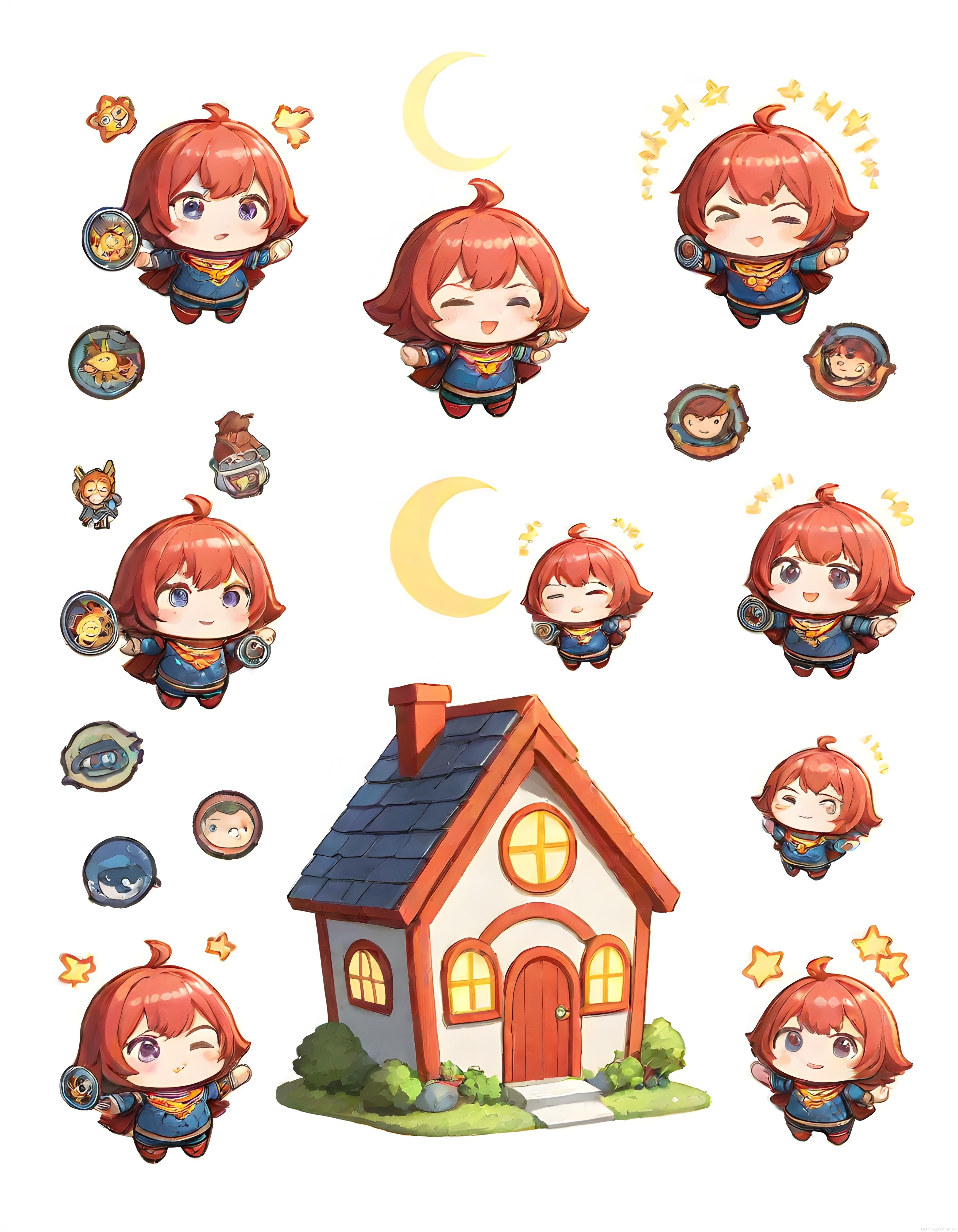 Sevimli chibi süper kahraman kız karakteri ve masalsı ev illüstrasyon seti