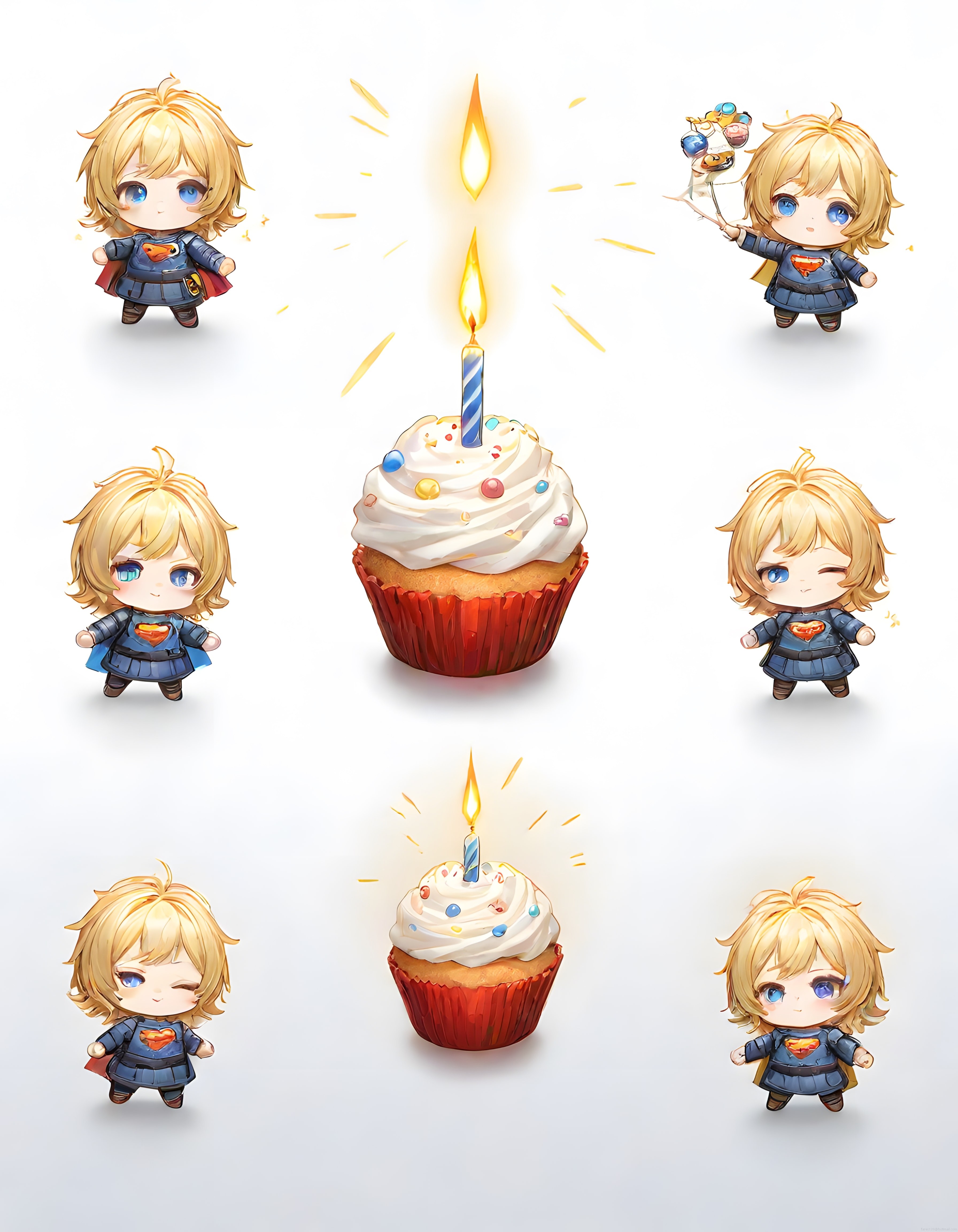 Sevimli Chibi Süper Kahraman ve Mumlu Doğum Günü Cupcake Çıkartma Seti