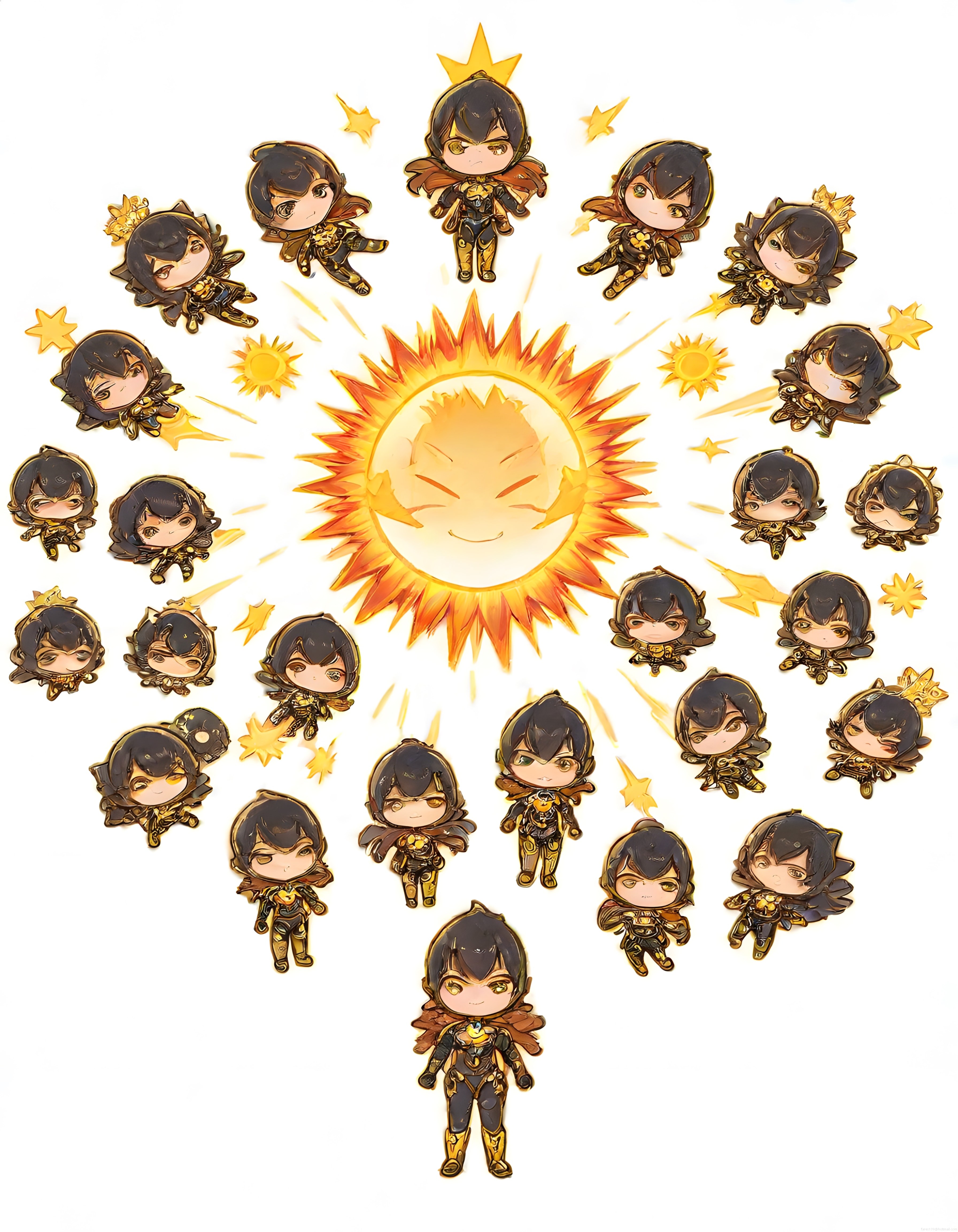 Sevimli chibi süper kahramanların parlayan güneş etrafında dans ettiği dijital çizim