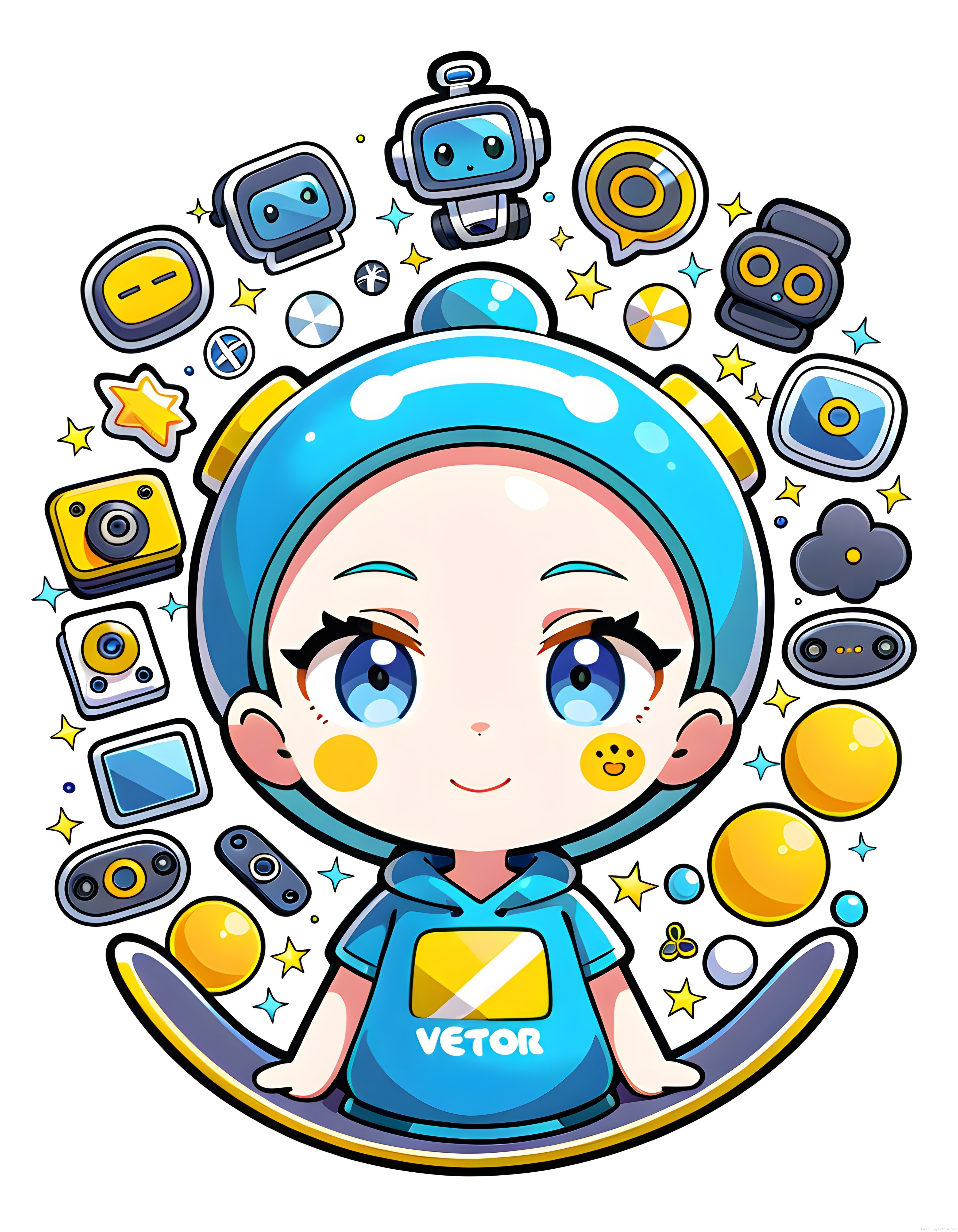 Sevimli Chibi Teknoloji Karakteri ve Uçan Dijital Cihazlar Renkli Vektör Sanatı