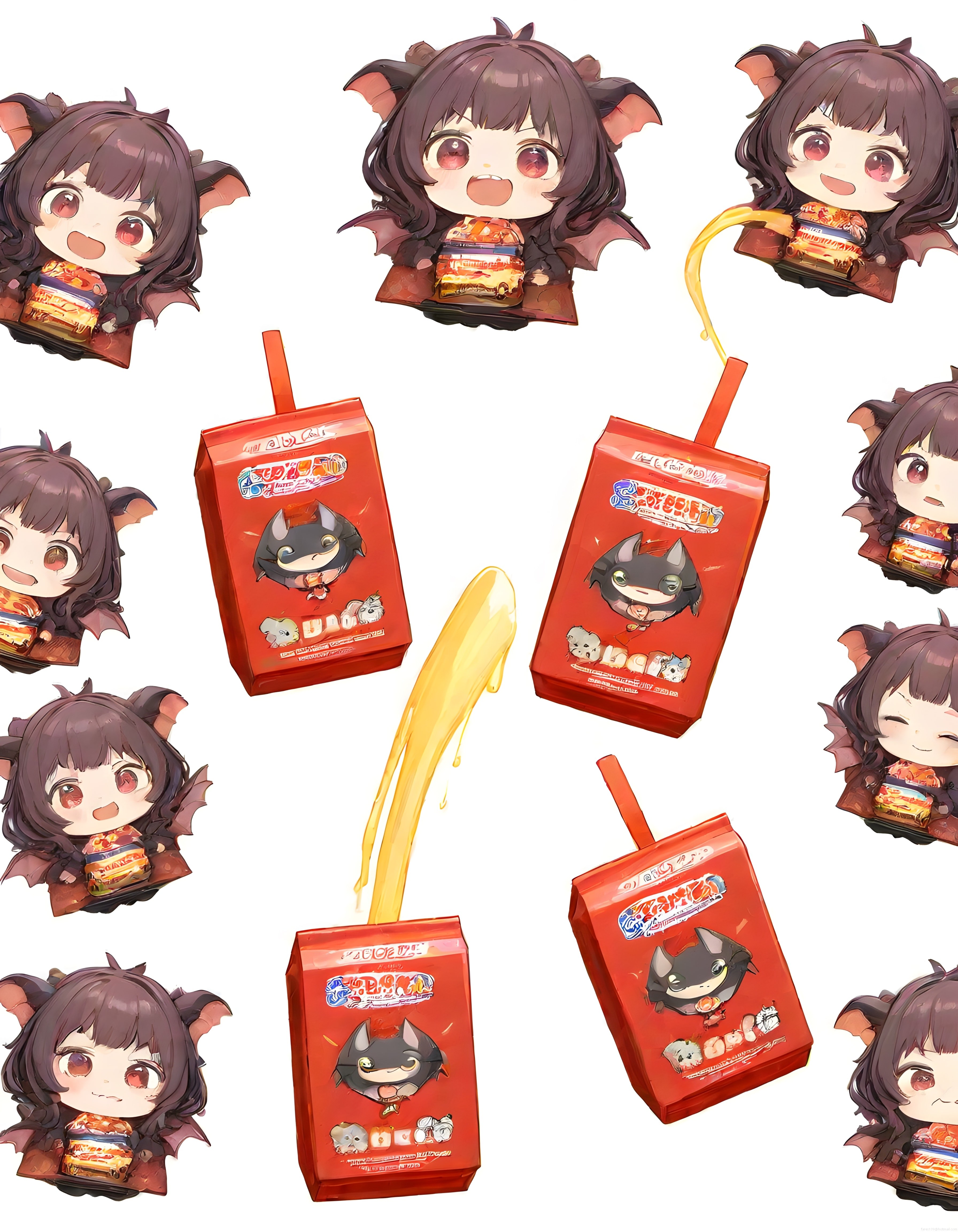Sevimli Chibi Yarasa Kız ve Kırmızı Meyve Suyu Kutuları Anime Dijital Çizim