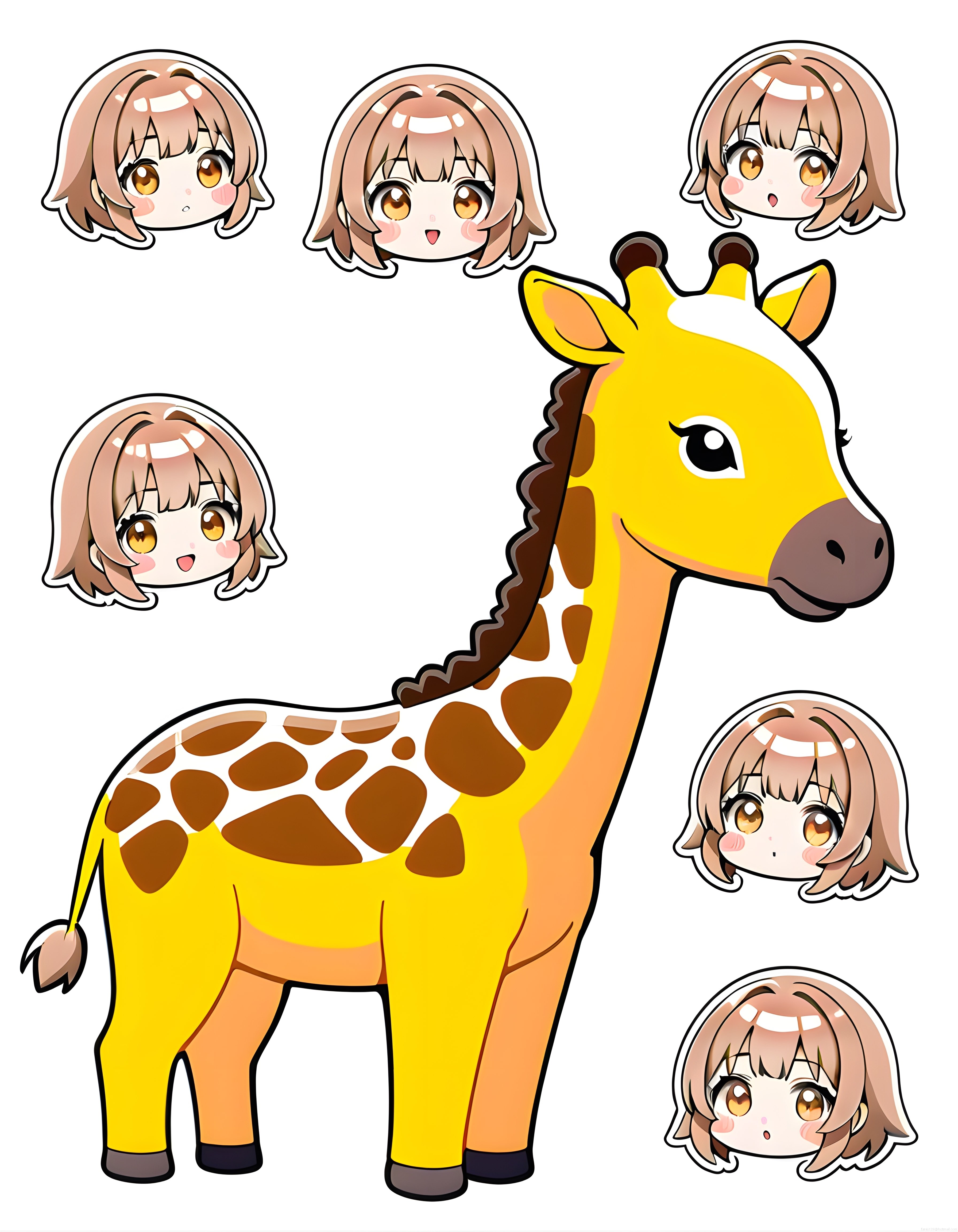 Sevimli Chibi Zürafa ve Anime Kız İfadeleri Çizgi Karakter Koleksiyonu