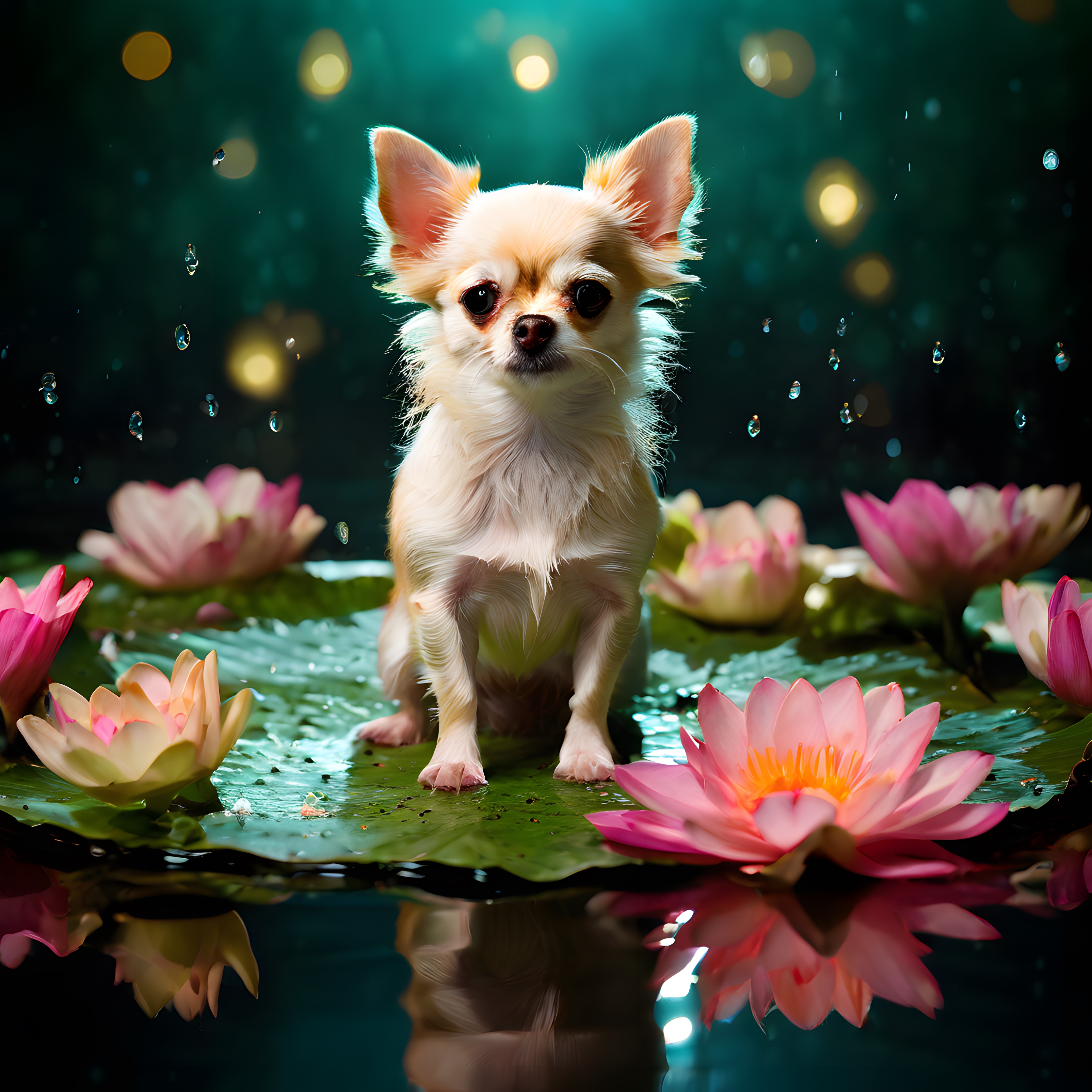 Sevimli Chihuahua Köpeği Pembe Nilüferler Arasında Masalsı Gölde