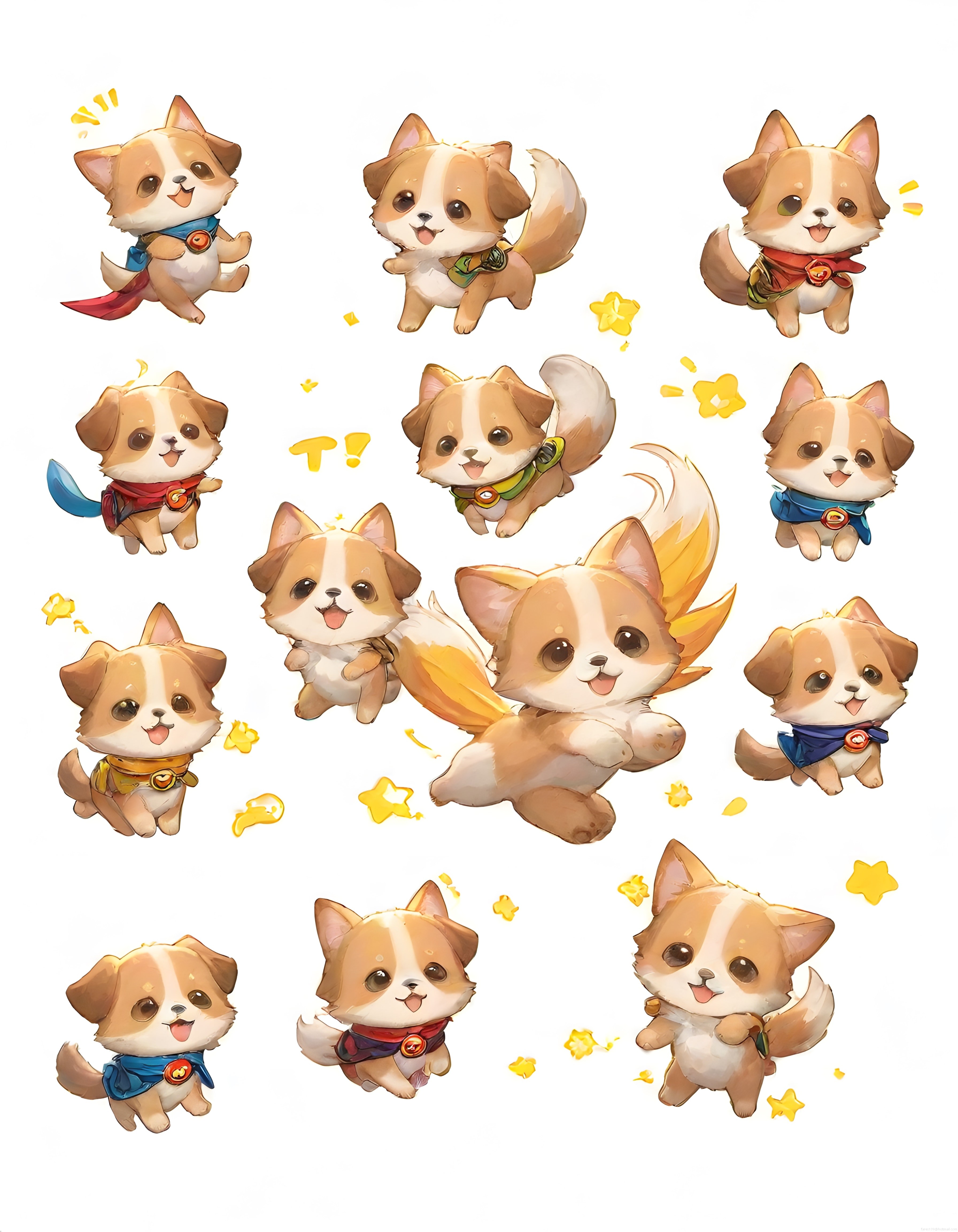 Sevimli Chihuahua Tarzı Anime Köpek Sticker ve Karakter İllüstrasyon Koleksiyonu