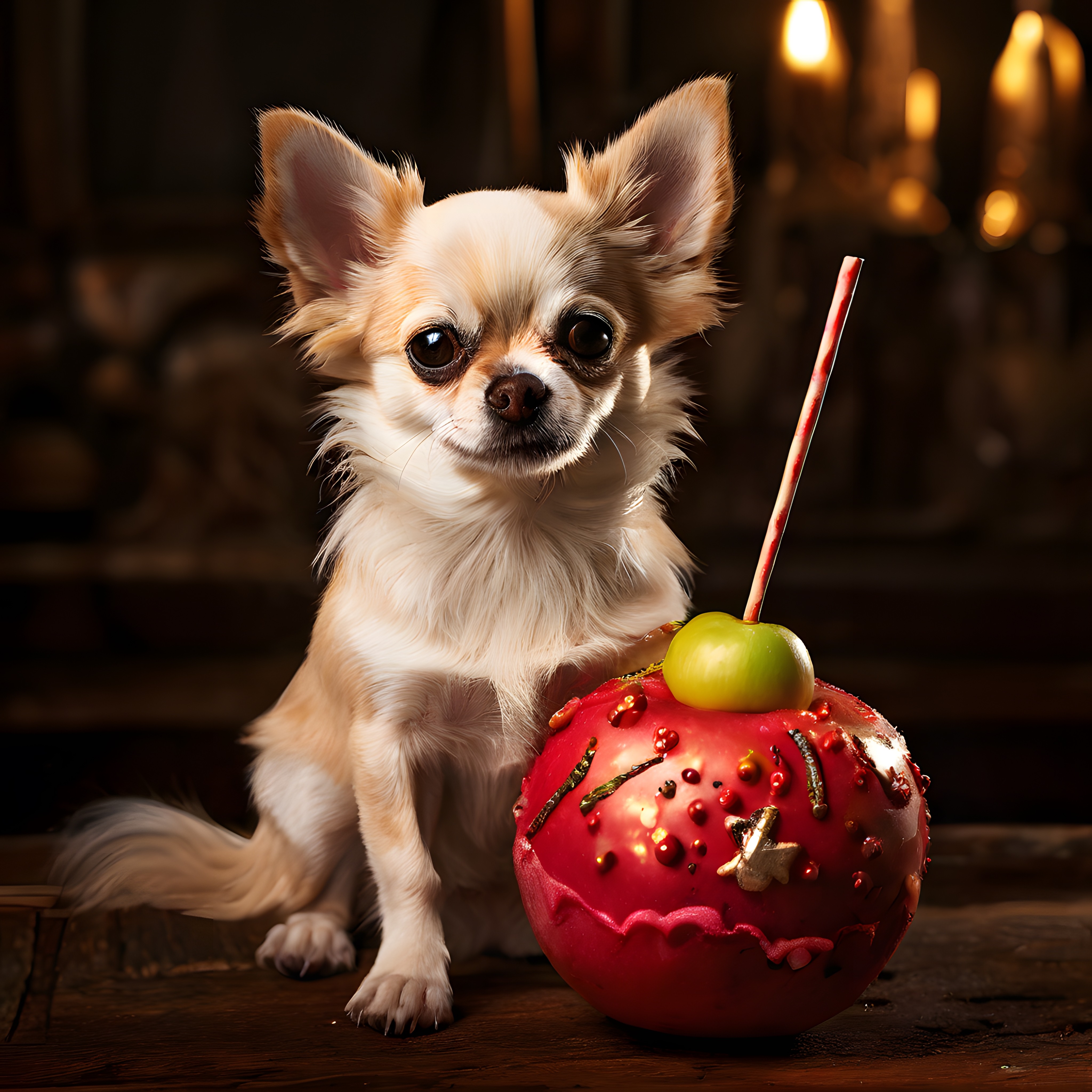 Sevimli Chihuahua ve Parlak Kırmızı Elma Şekeri ile Festivalli Tatlı Anlar