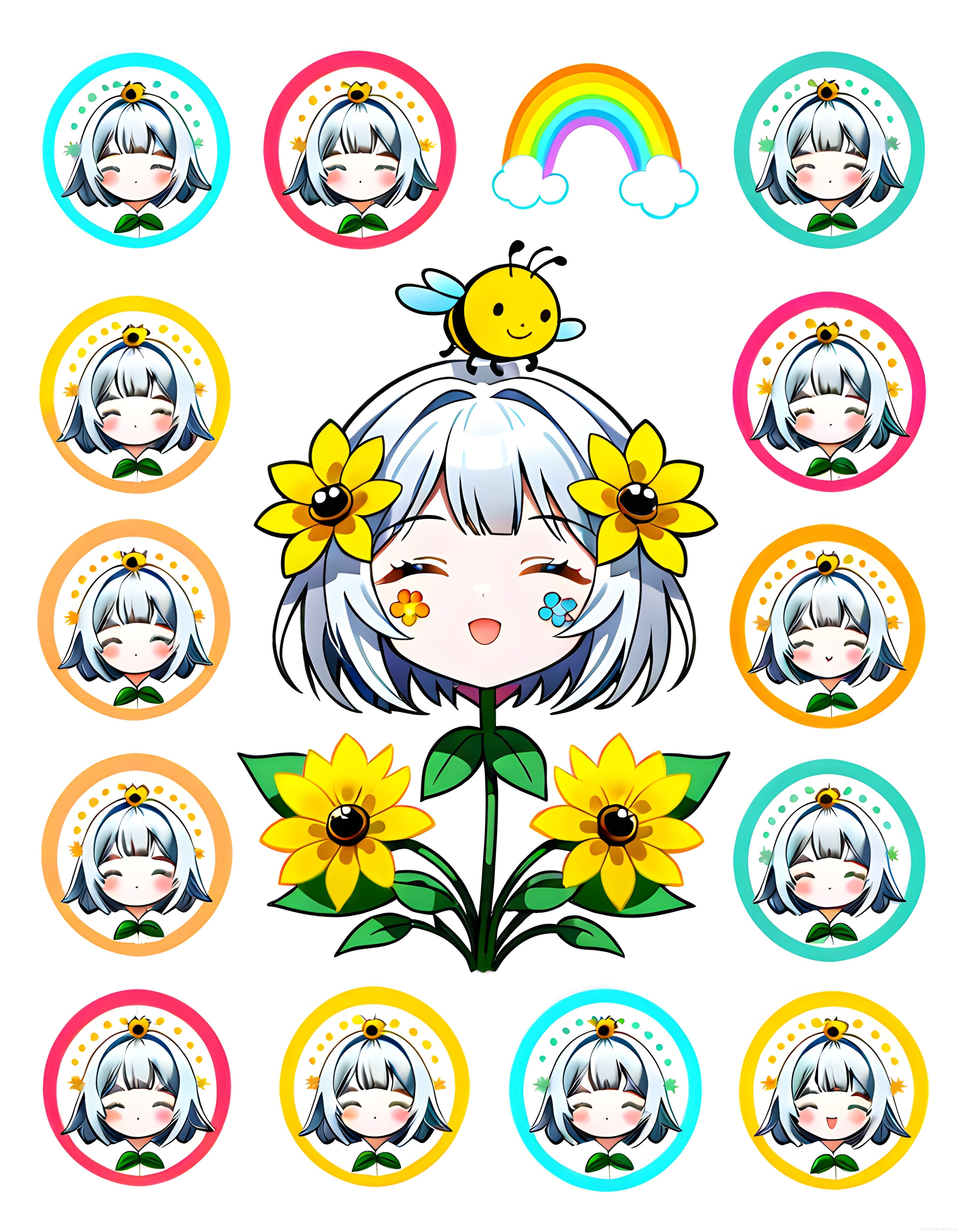 Sevimli Çiçek Kız ve Emoji Avatar Koleksiyonu: Kawaii Dijital Çizim Seti