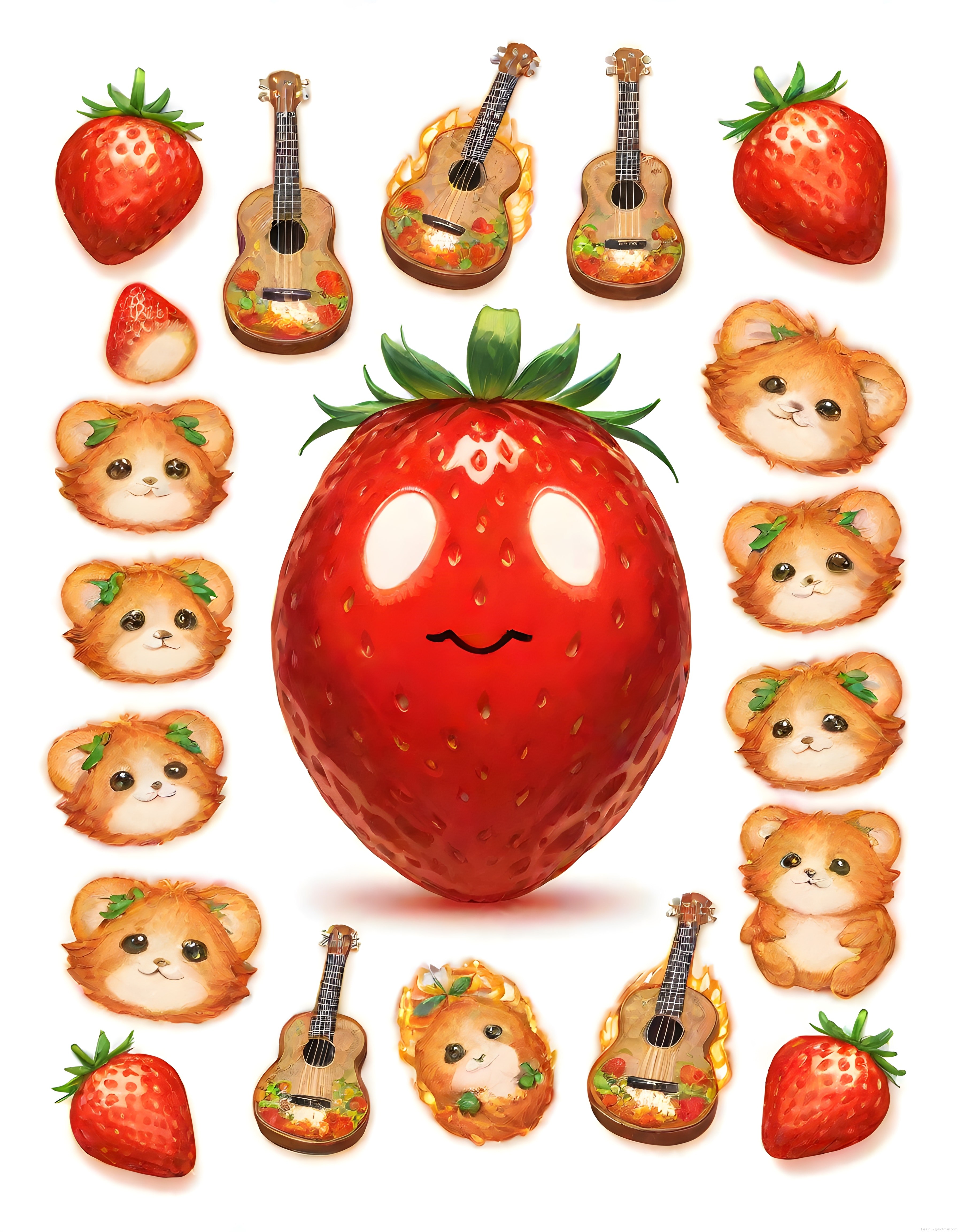 Sevimli Çilek Maskot ve Ukulele Temalı Kawaii Dijital Karakter Tasarımları