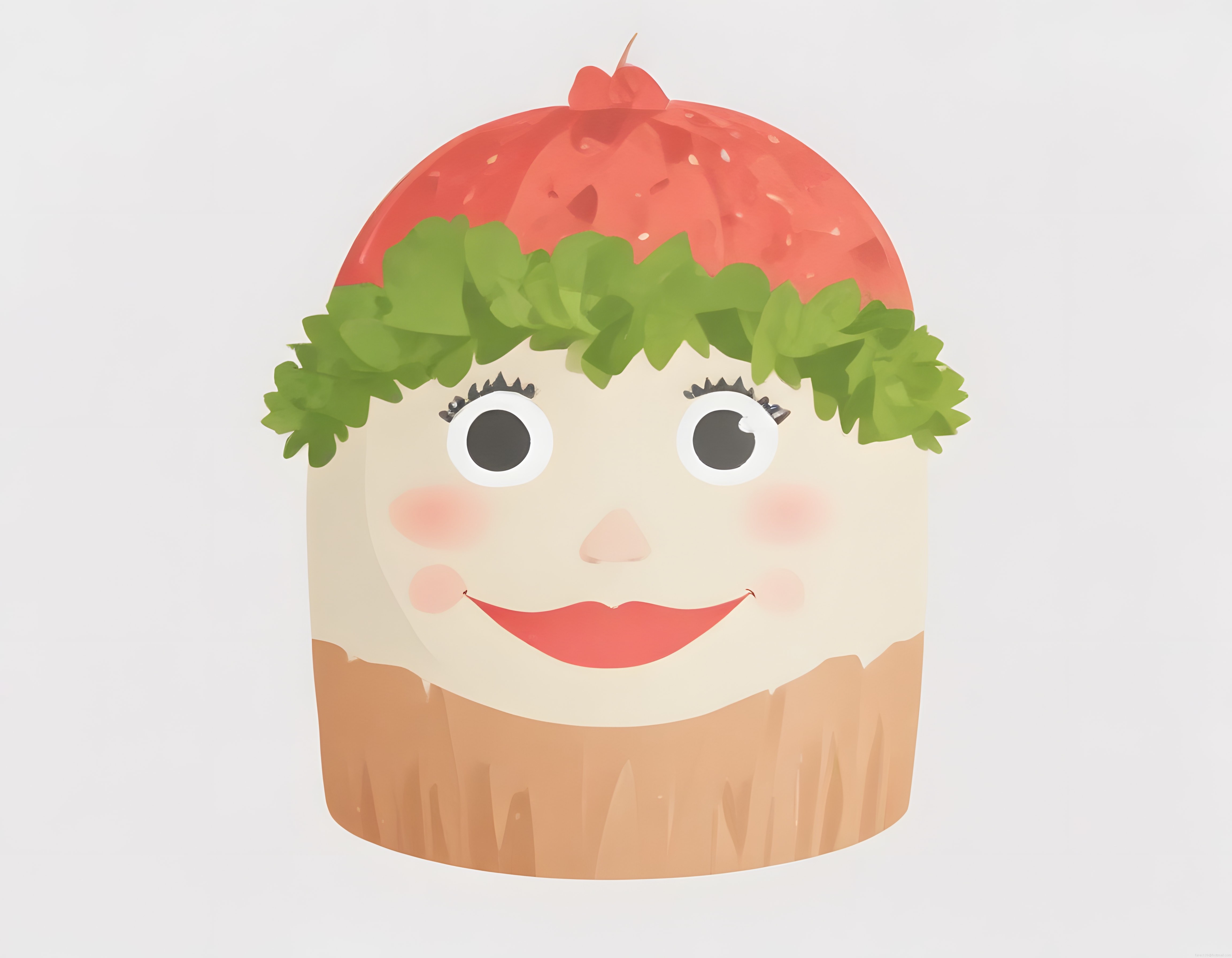 Sevimli çilekli cupcake karakter çizimi, animasyon tarzı pastel tonlarda
