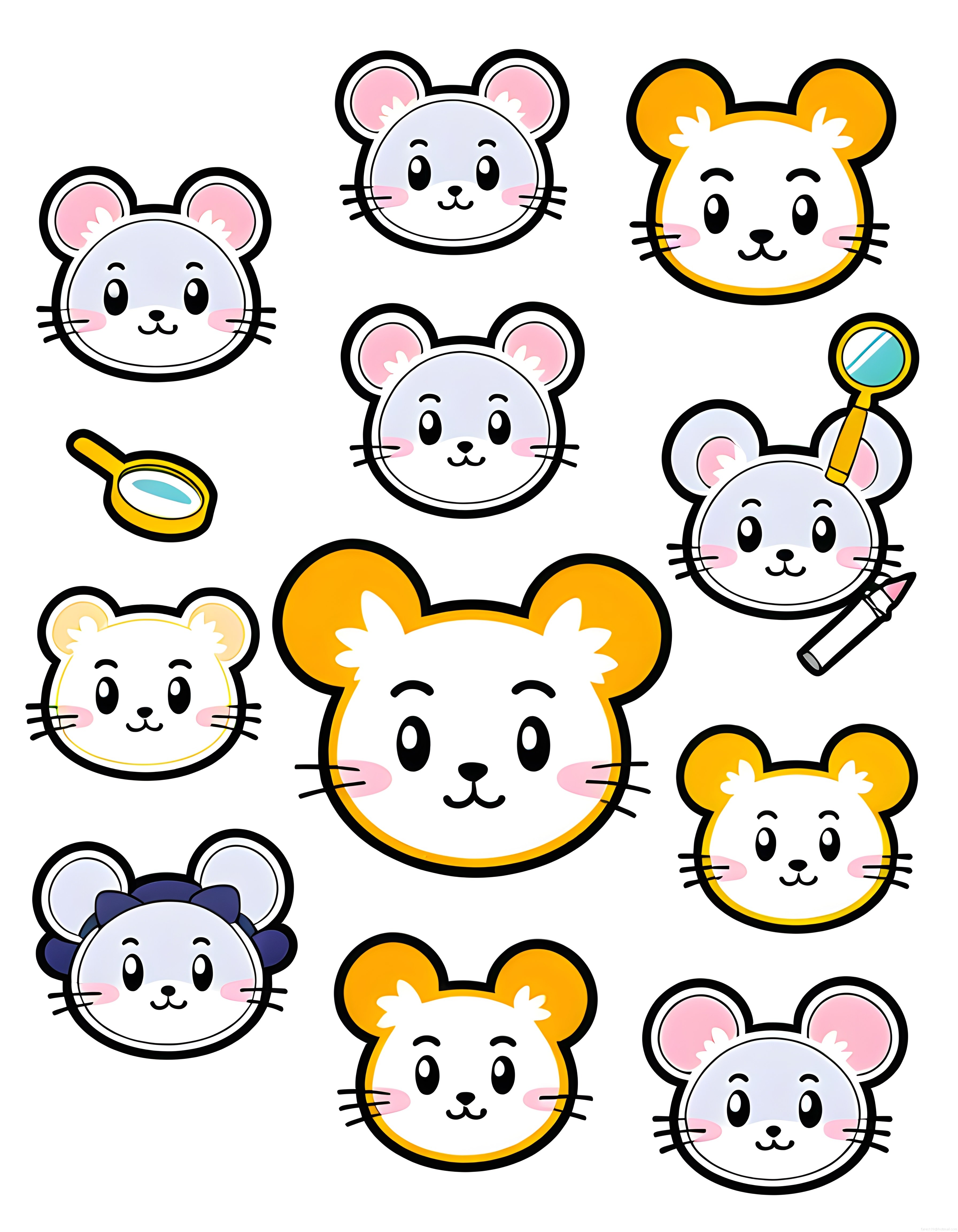 Sevimli Çizgi Faresi ve Sıçan Karakter Yüzleri Aksesuarlı Sticker Seti