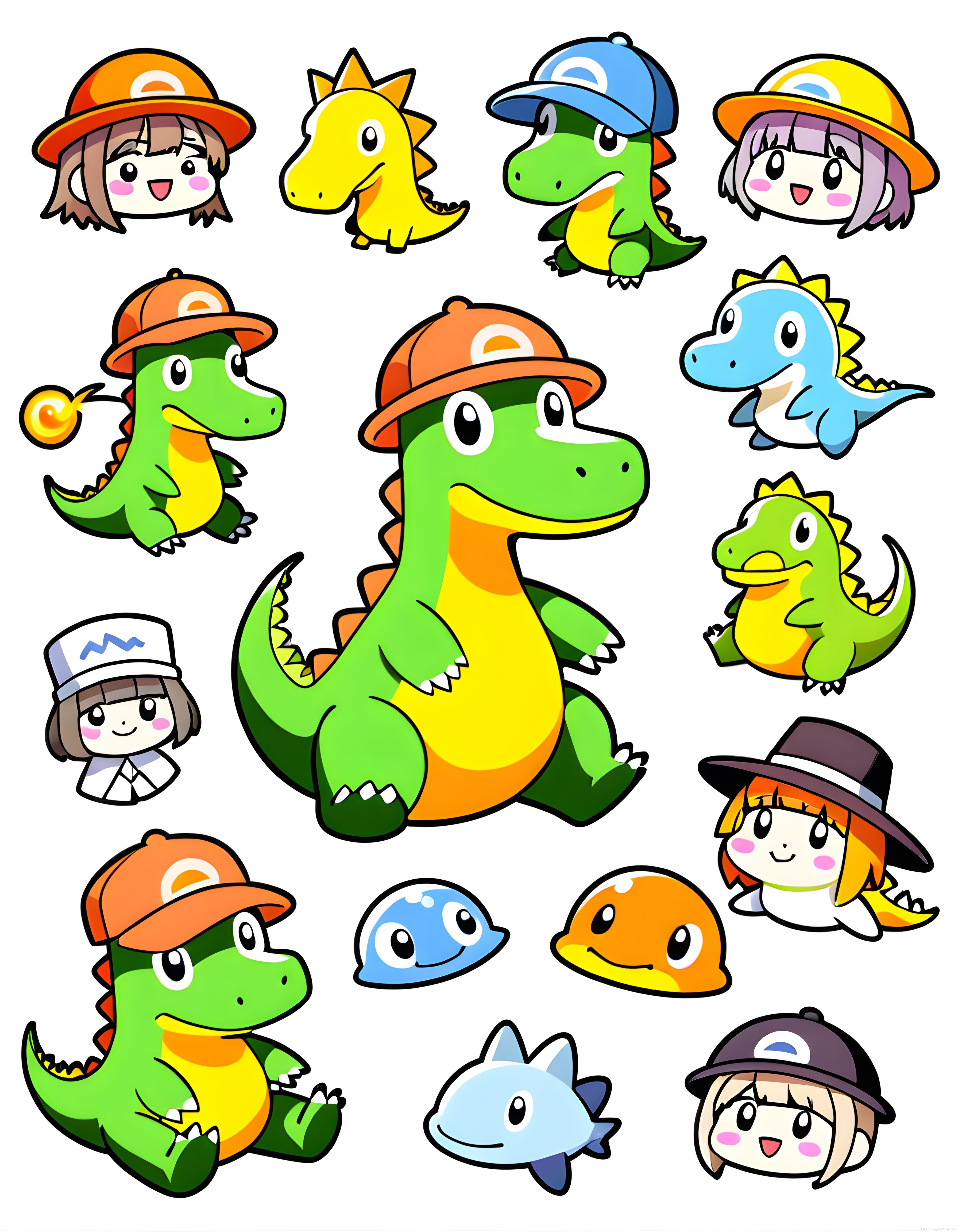 Sevimli çizgi karakter ve dinozor sticker seti: parlak renkli çizimler Sevimli çizgi karakter ve dinozor sticker seti: parlak renkli çizimler