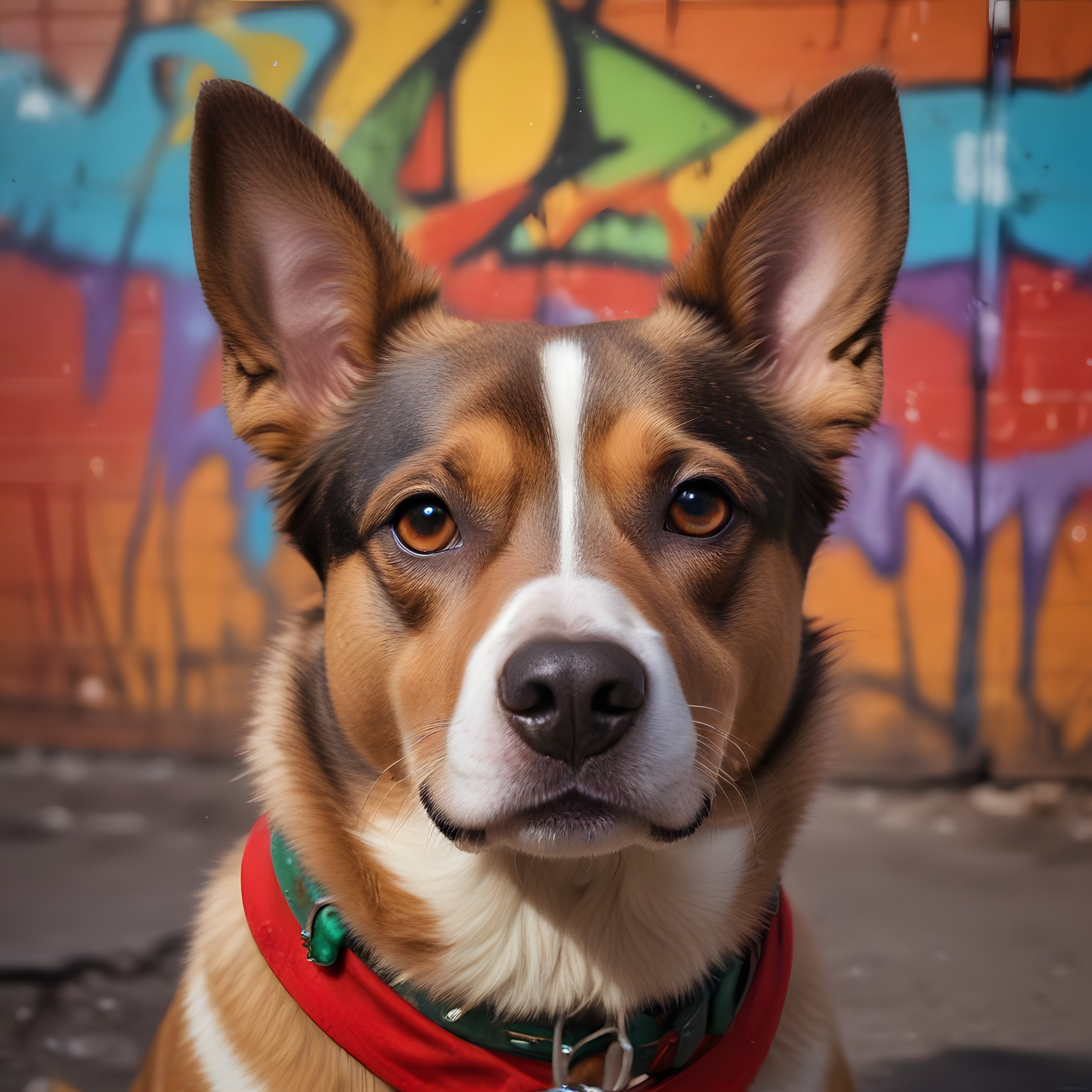 Sevimli corgi köpek grafiti duvar önünde kırmızı bandana ile portre poz veriyor