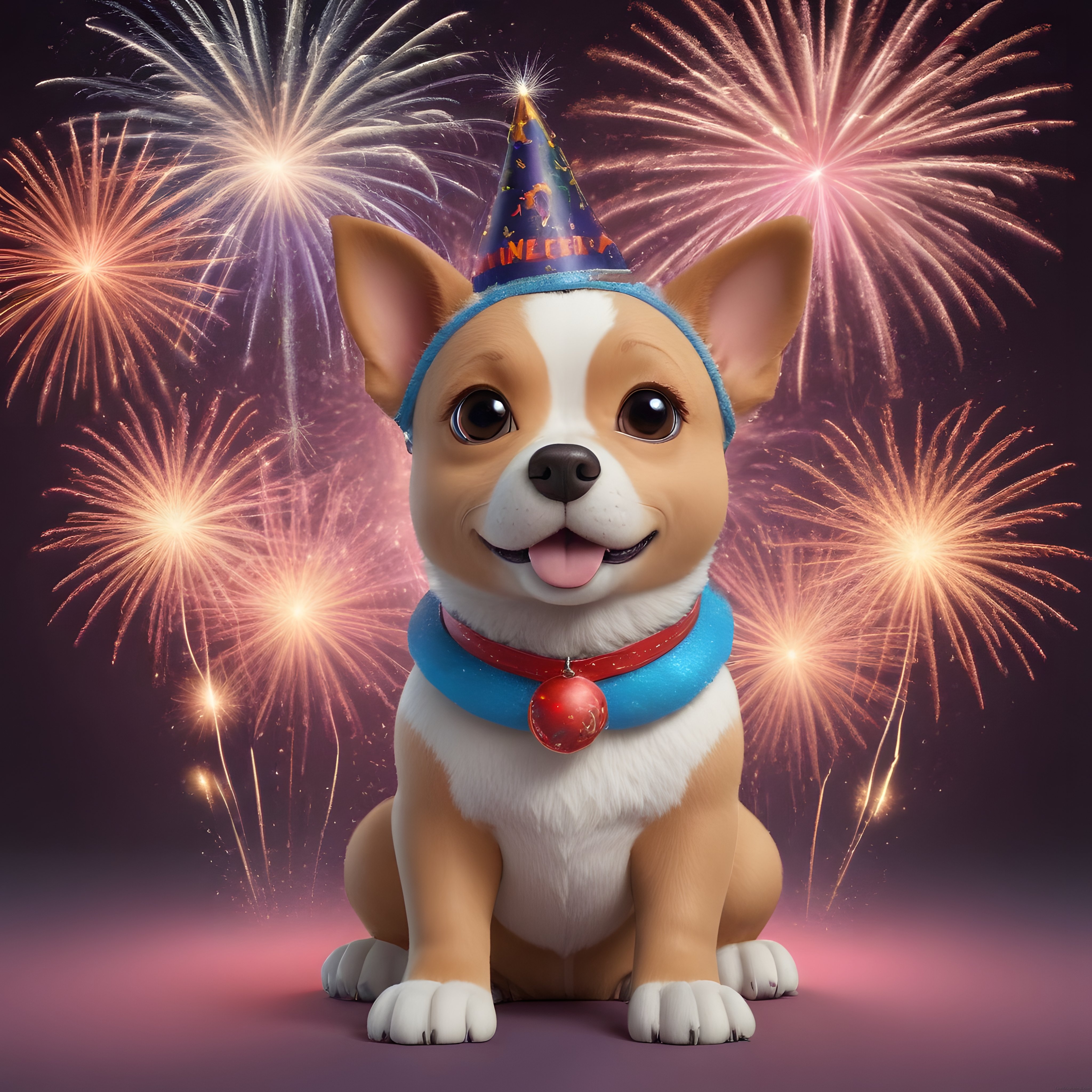 Sevimli Corgi Köpek Karakteri Havai Fişekler Önünde Mutlulukla Poz Veriyor