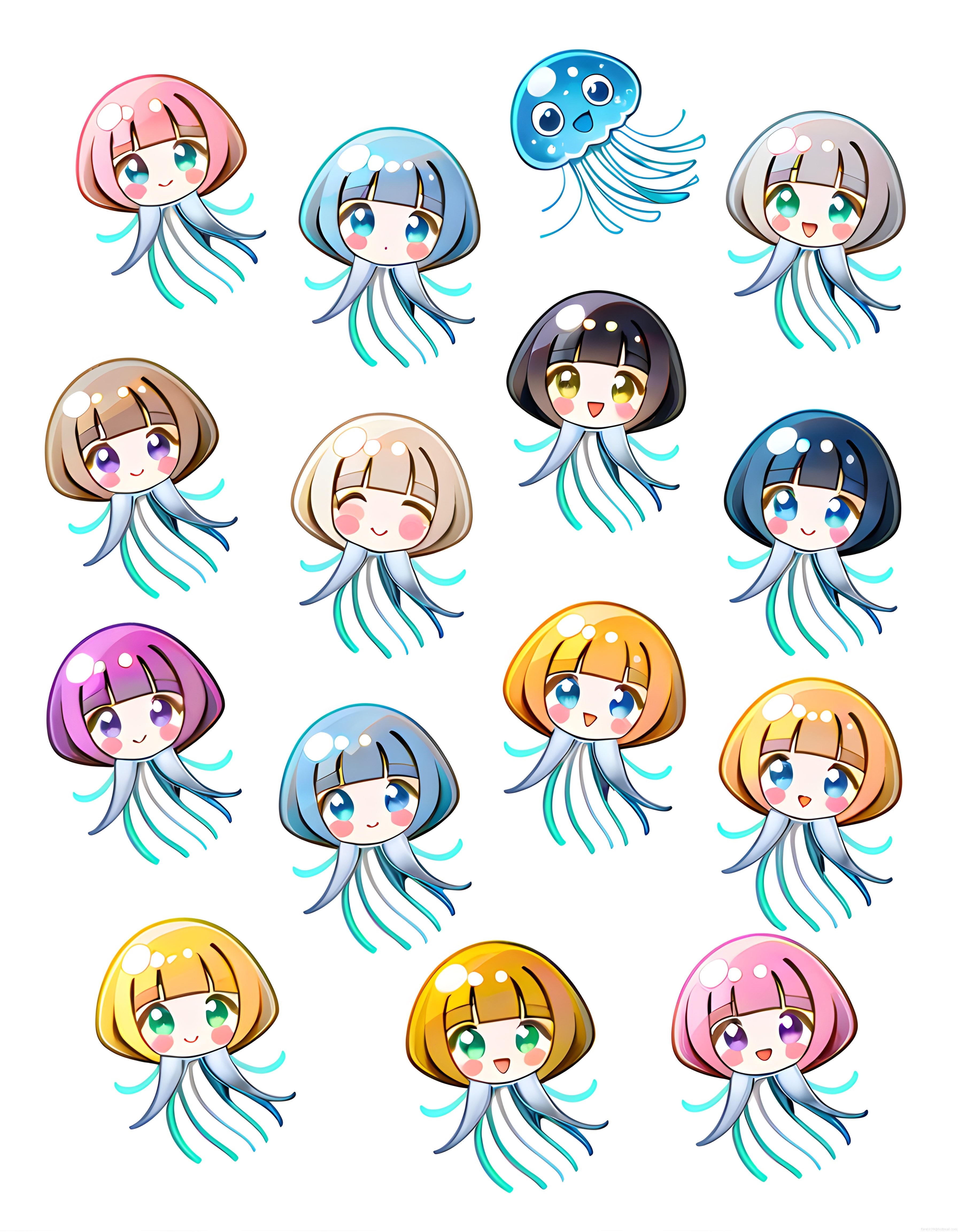 Sevimli Denizanası Kız Figürleri: Renkli Chibi Anime Karakter Tasarım Seti