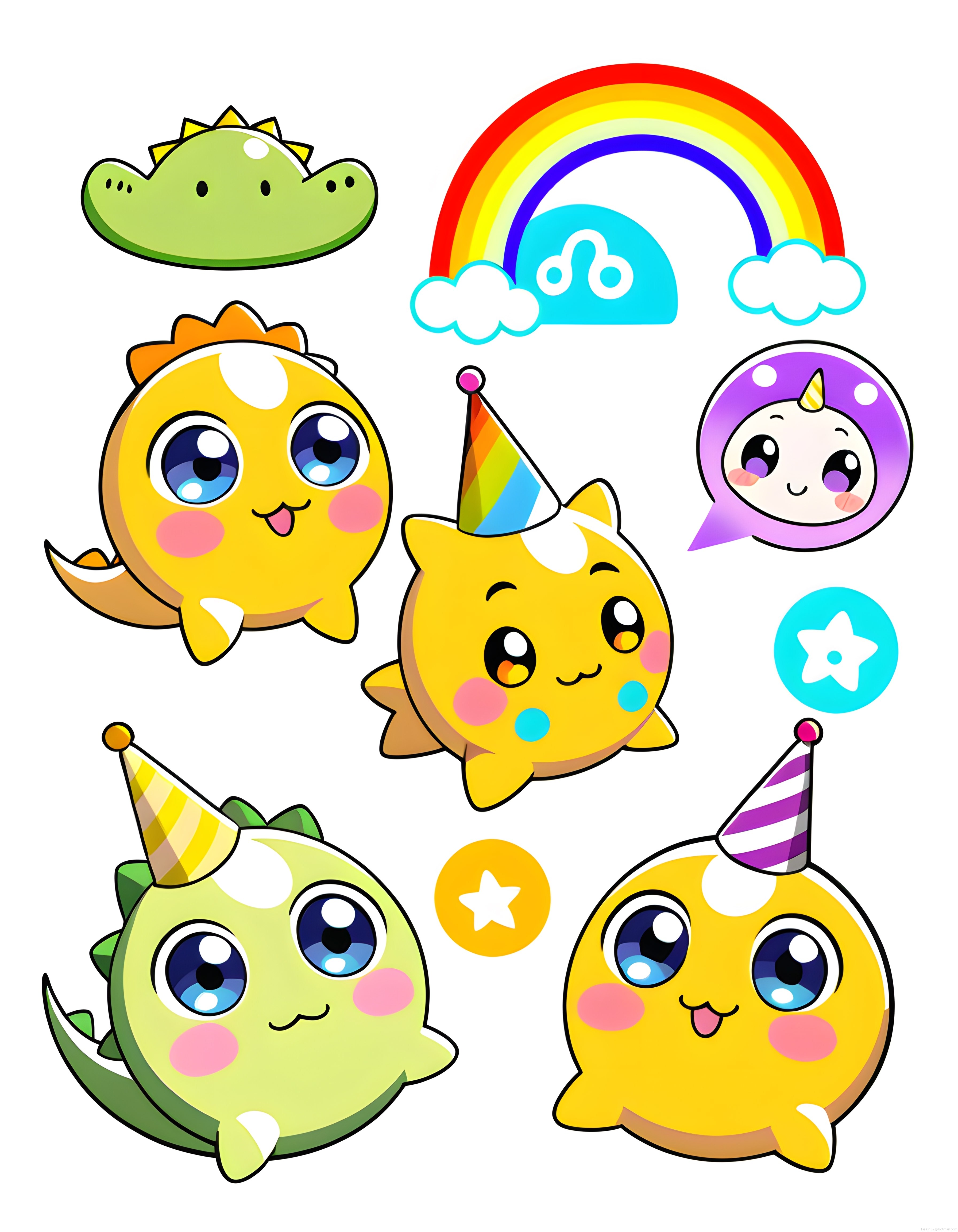 Sevimli Dinozorlar ve Gökkuşağı Parti Temalı Kawaii Dijital Sticker Seti