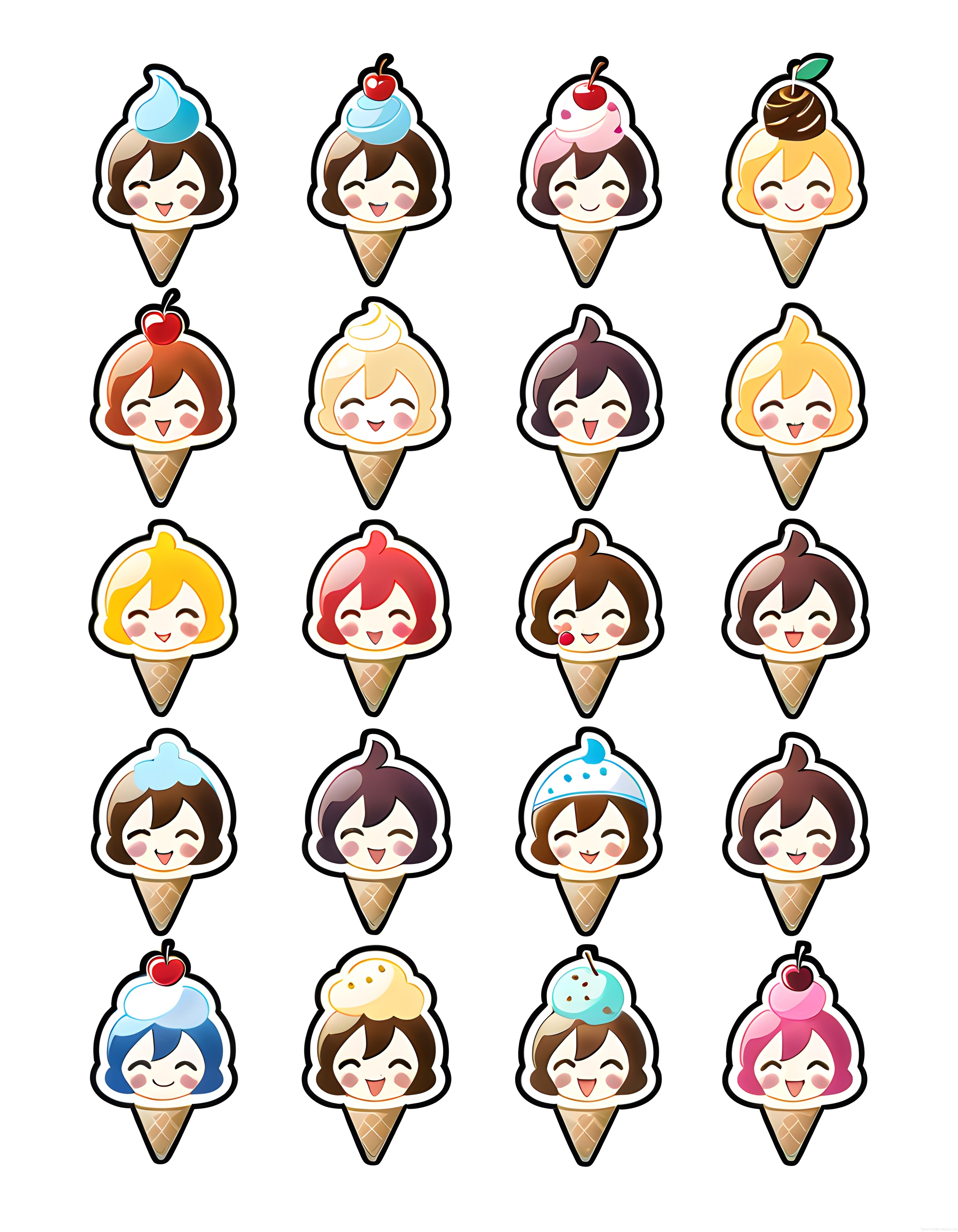sevimli dondurma külahı anime karakterleri renkli kawaii sticker seti