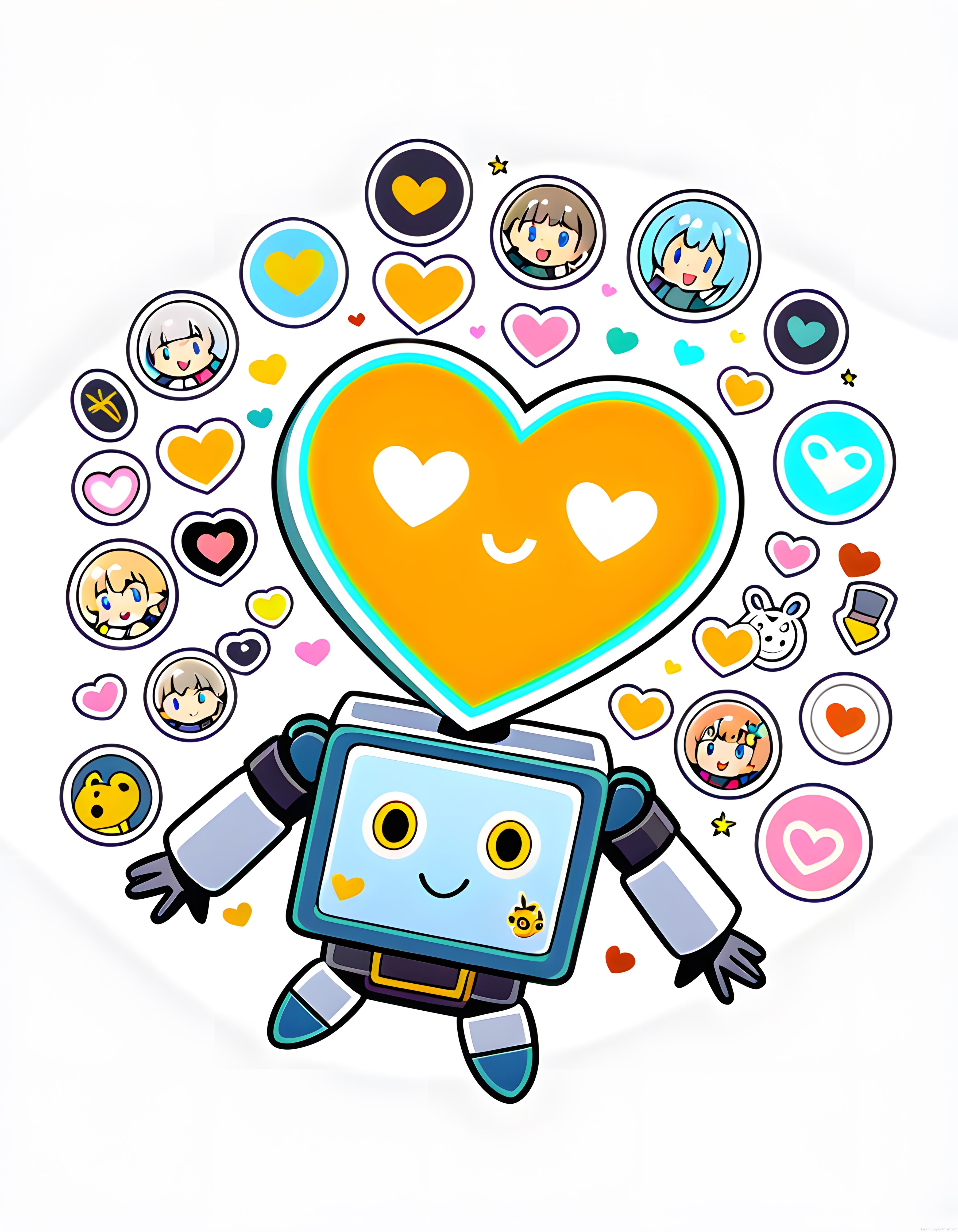 Sevimli Ekran Kafalı Robot ve Kalp Saçlı Anime Dijital Karakter Tasarımı