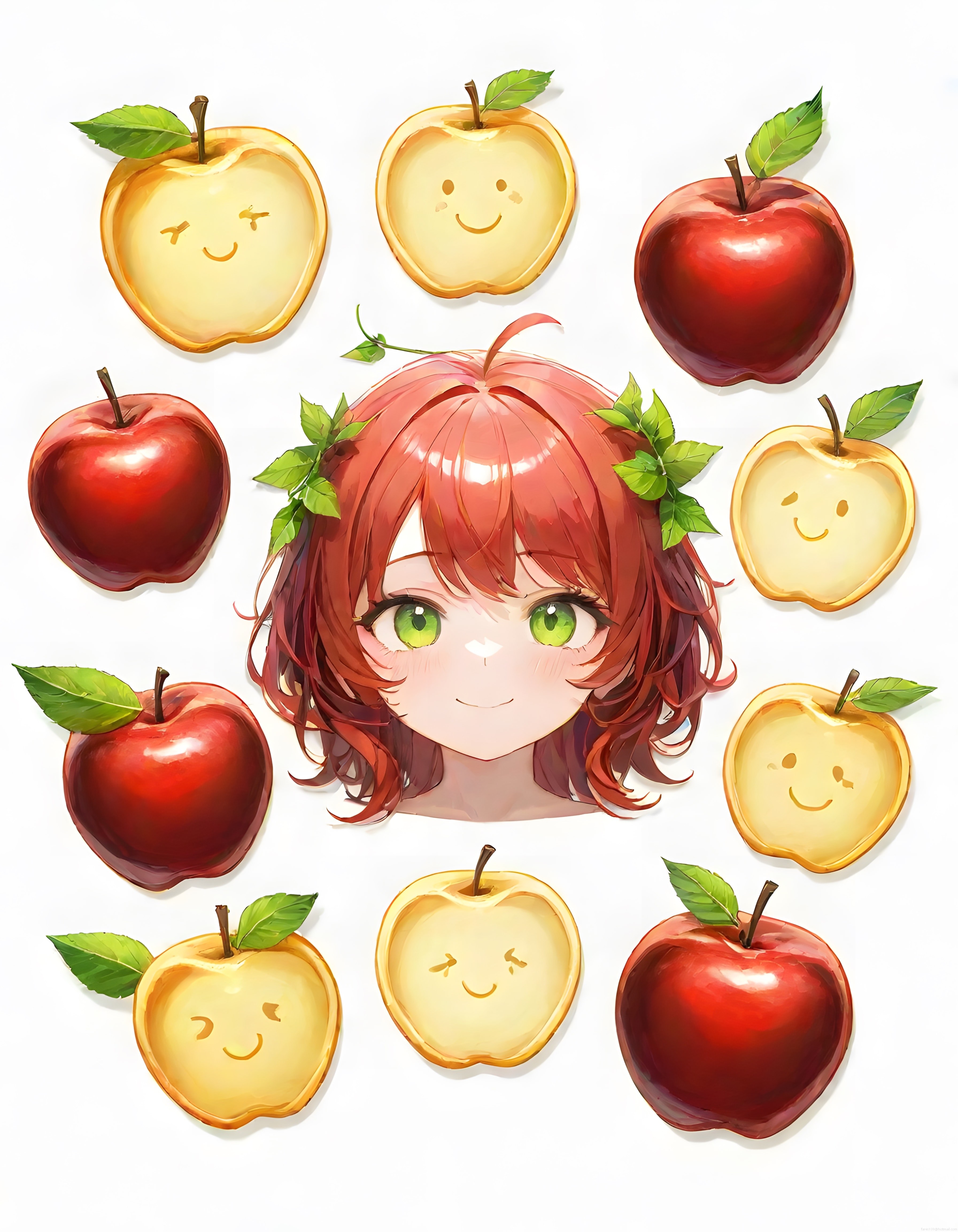 Sevimli Elma Temalı Anime Kız Dijital İllüstrasyonu ve Meyve Desenleri
