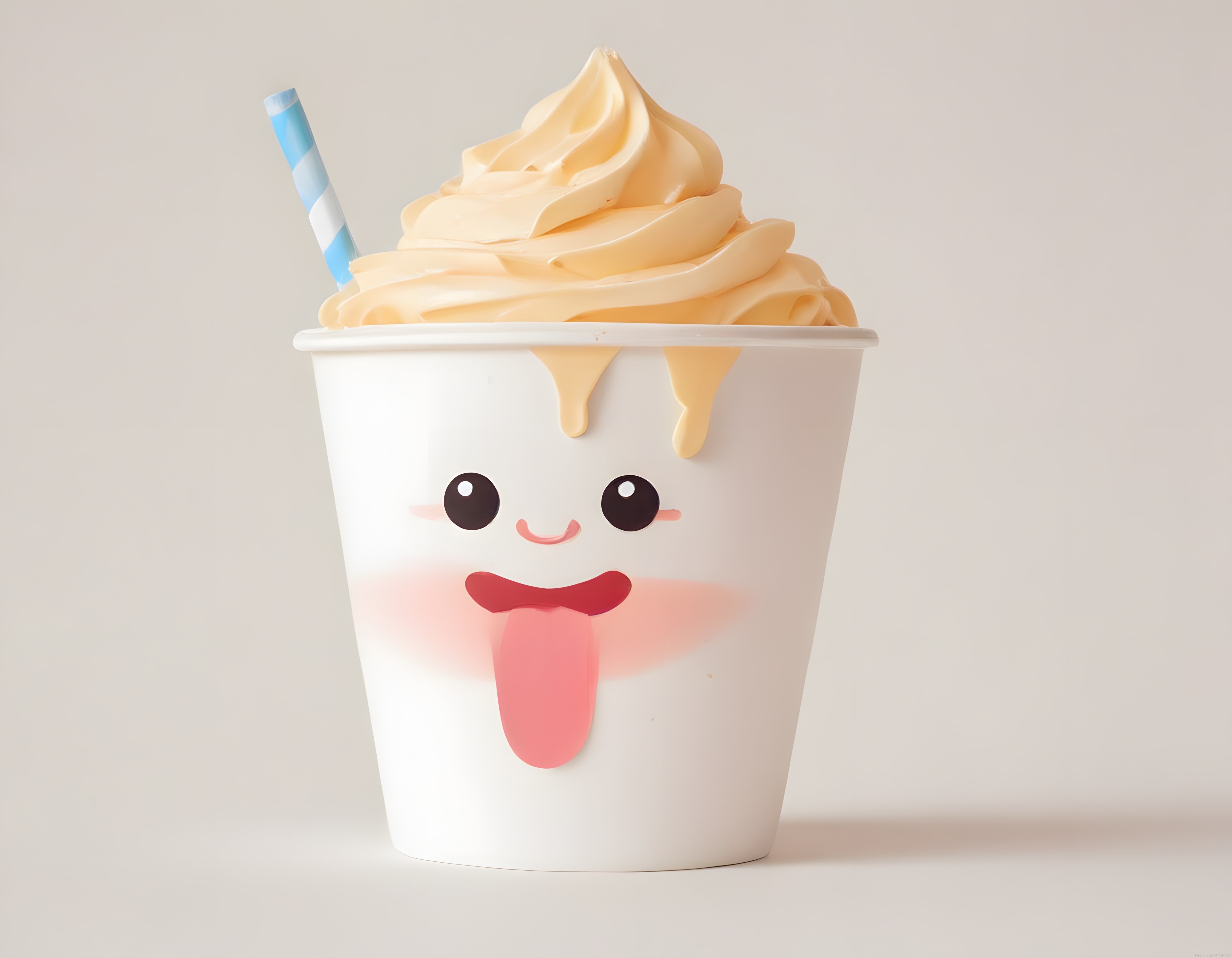 Sevimli emoji yüzlü kağıt bardakta kremalı soğuk tatlı içecek ve şeritli pipet