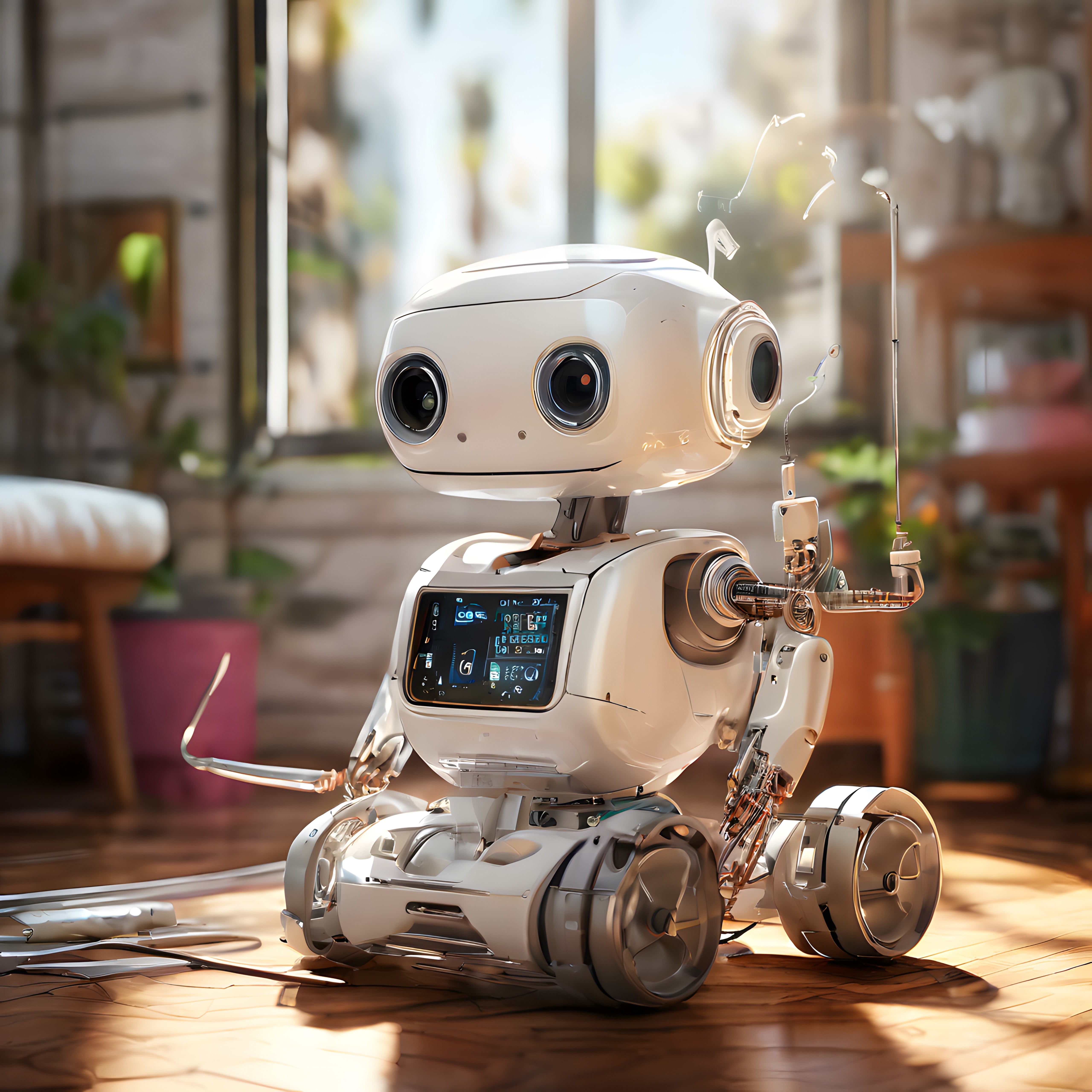 sevimli ev robotu bozuk tekerlekleriyle salonun ahşap zeminde arızalı duruyor