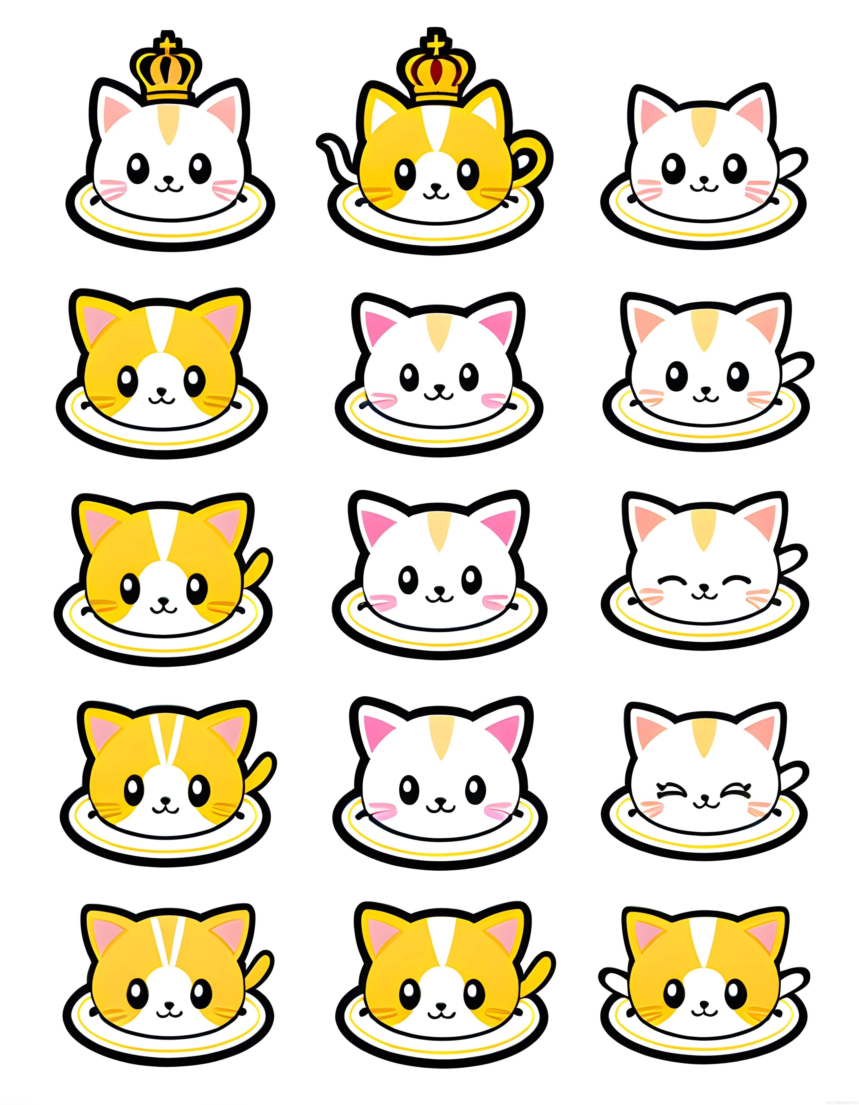 Sevimli fincan kedi çizimleri: Kawaii sarı ve beyaz yavru kediler sticker seti
