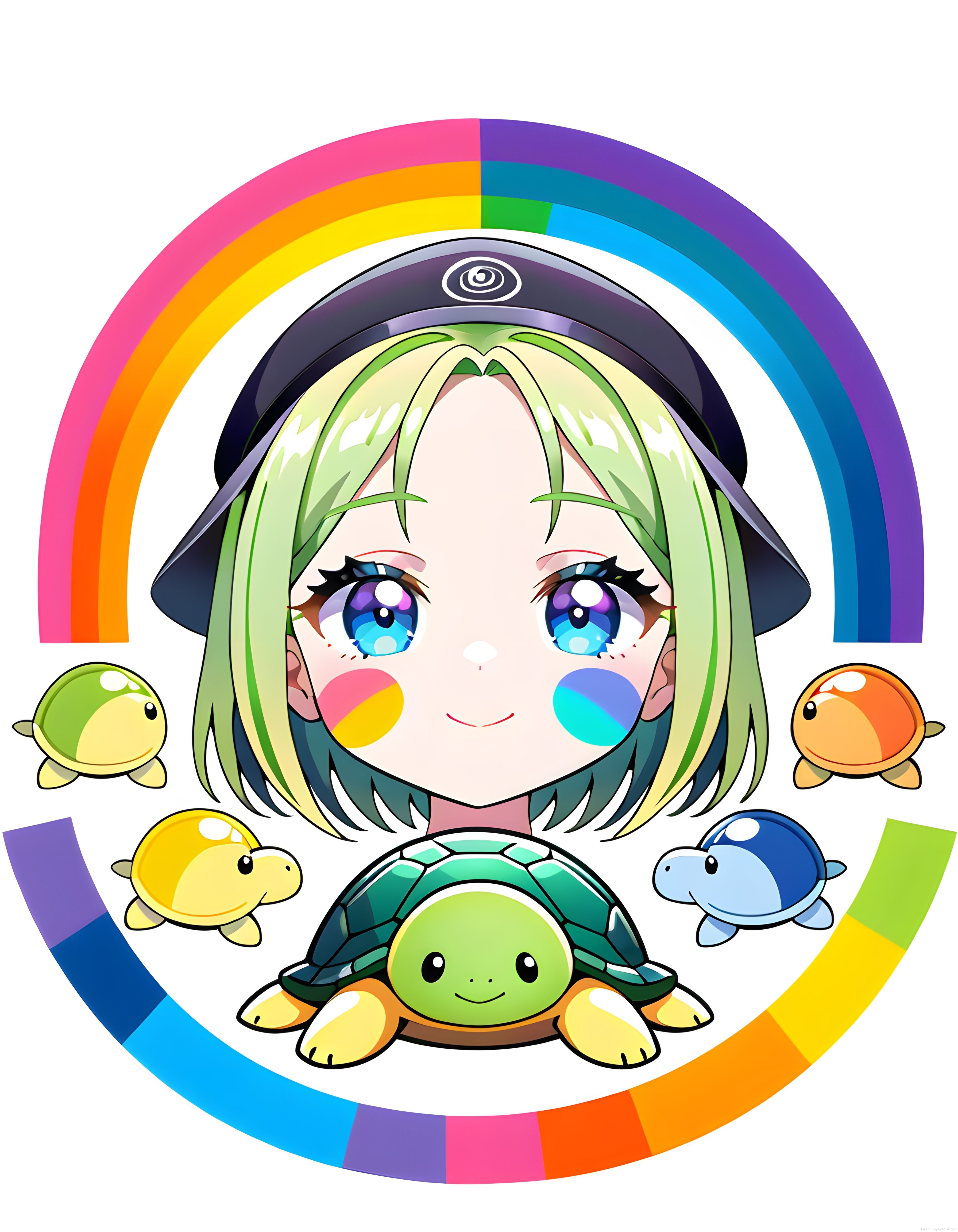 Sevimli Gökkuşağı Anime Kız ve Renkli Kaplumbağa Dostları Dijital Çizim