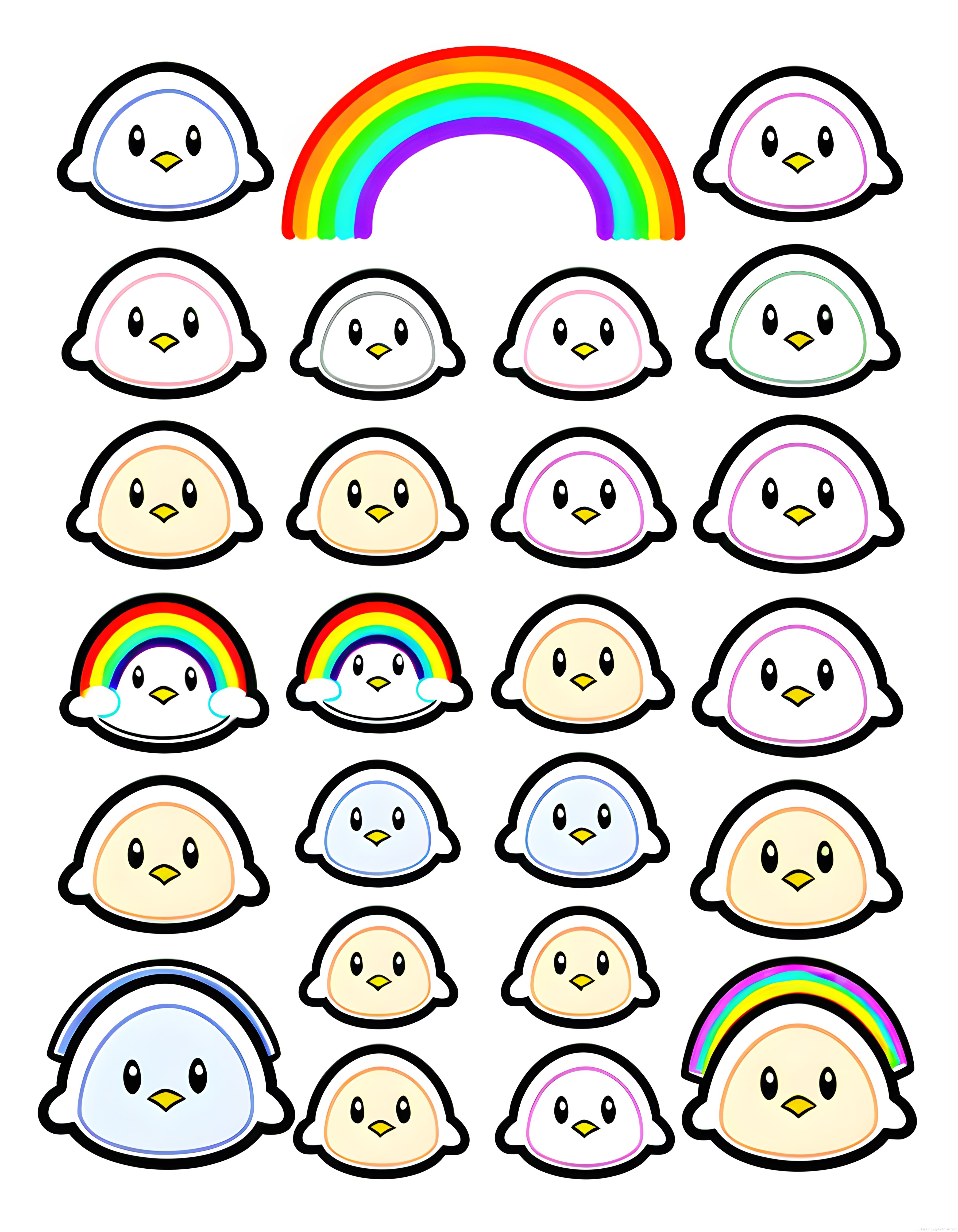 Sevimli Gökkuşağı Penguen Yüzleri Renkli Kawaii Dijital Sticker Çizim Paketi