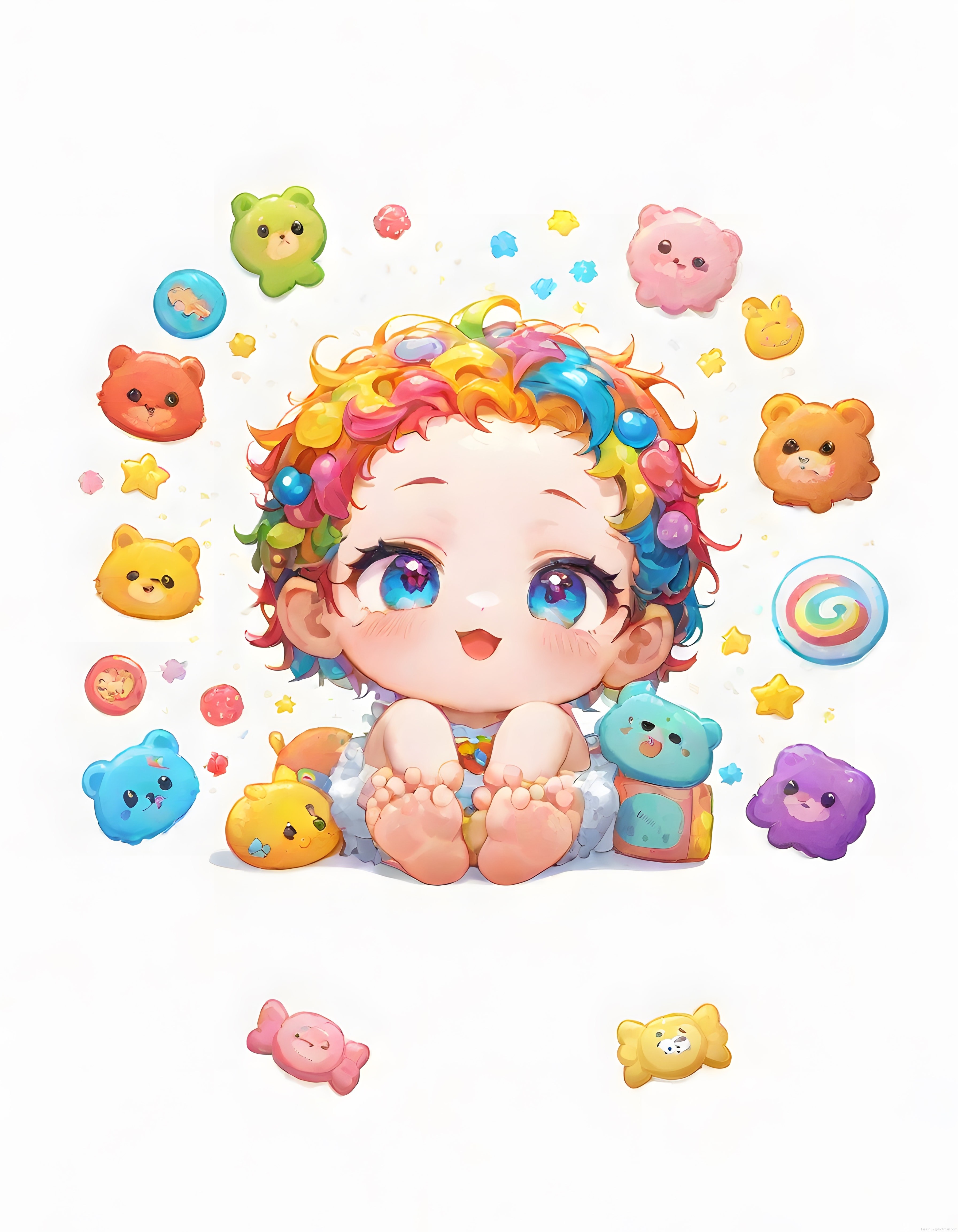 Sevimli Gökkuşağı Saçlı Anime Bebek ve Renkli Şekerlerle Çevrili Masal Dünyası
