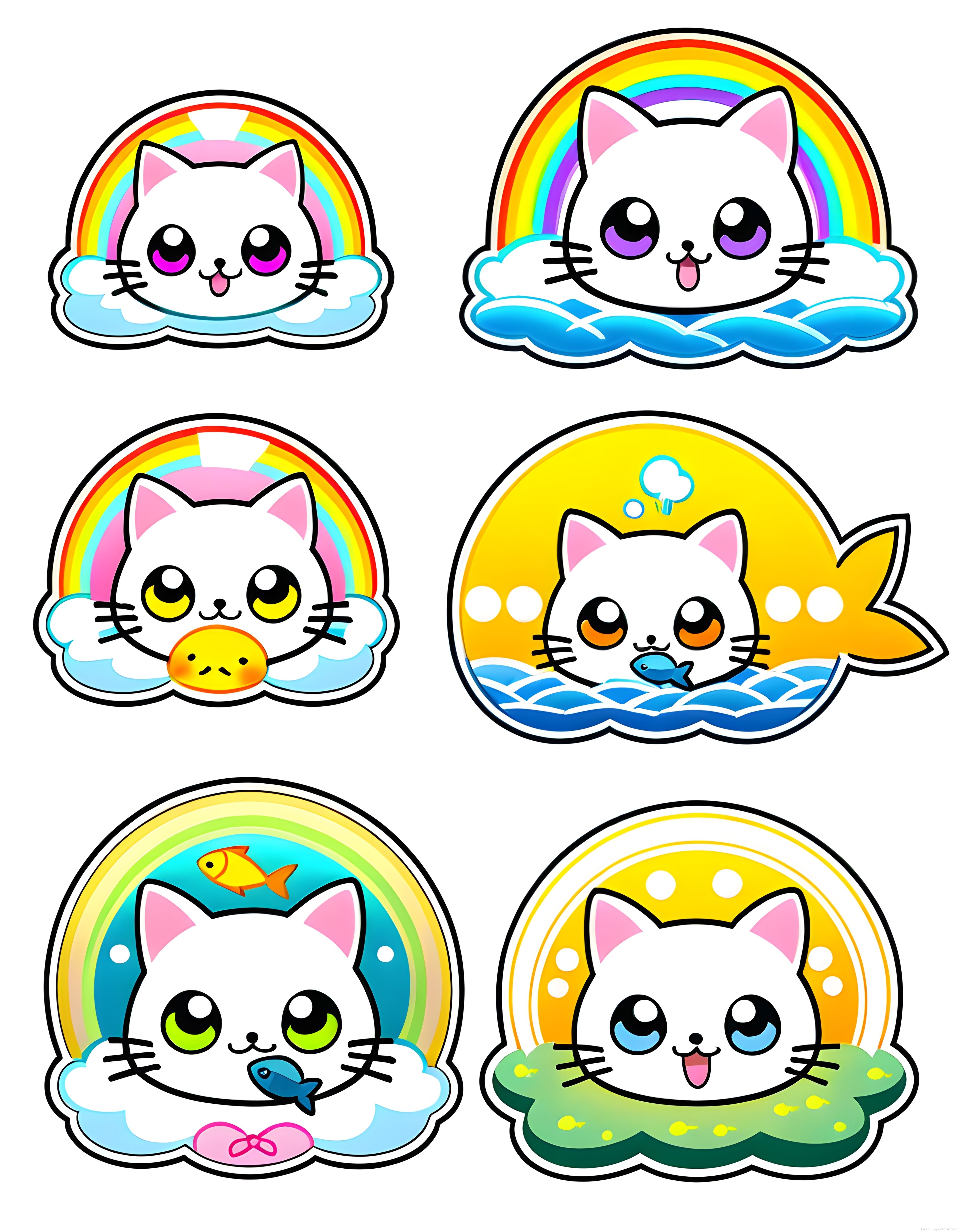 Sevimli Gökkuşağı ve Bulut Temalı Kawaii Yavru Kedi Karakter Çizimleri