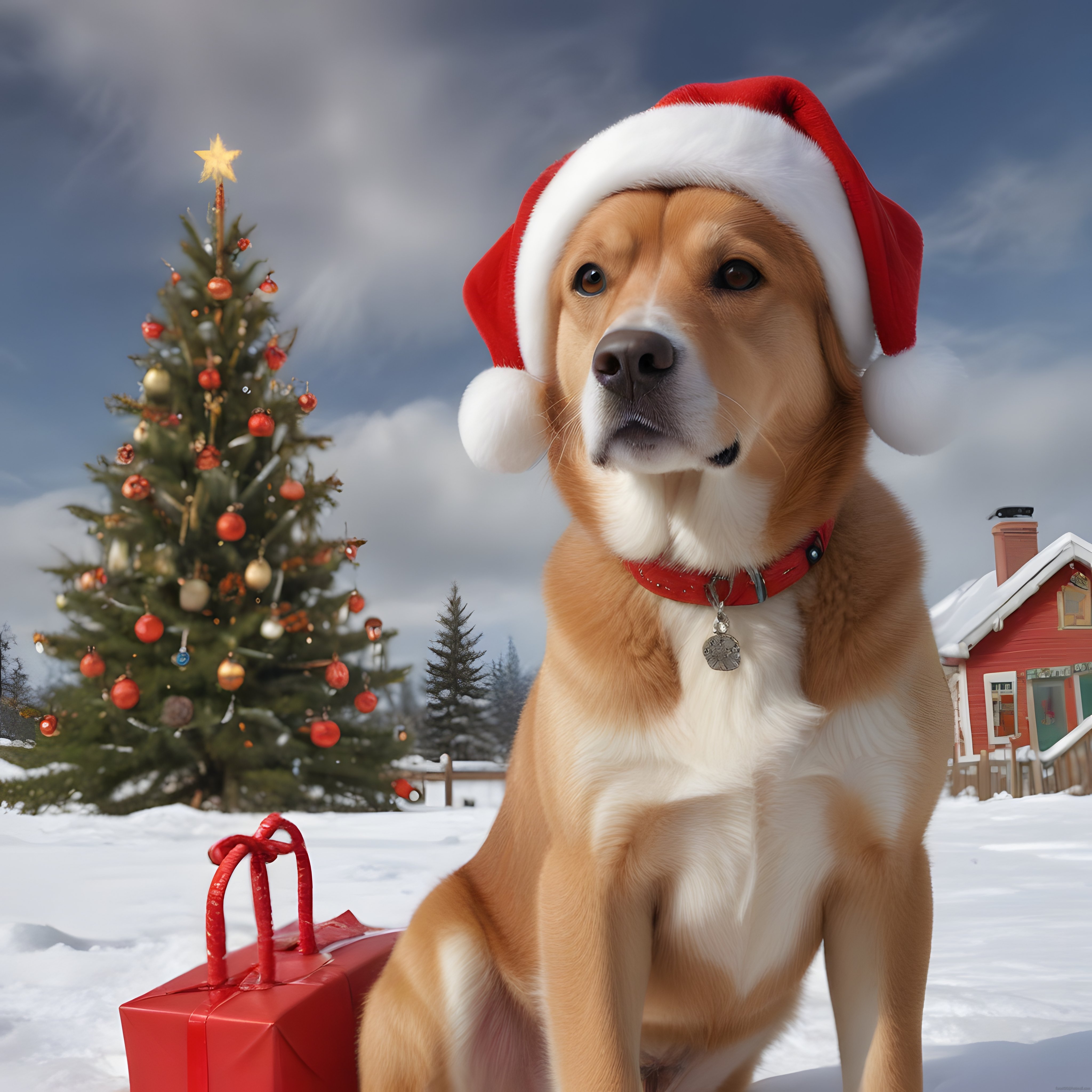 sevimli golden retriever noel şapkasıyla karlı manzarada yılbaşı pozu veriyor
