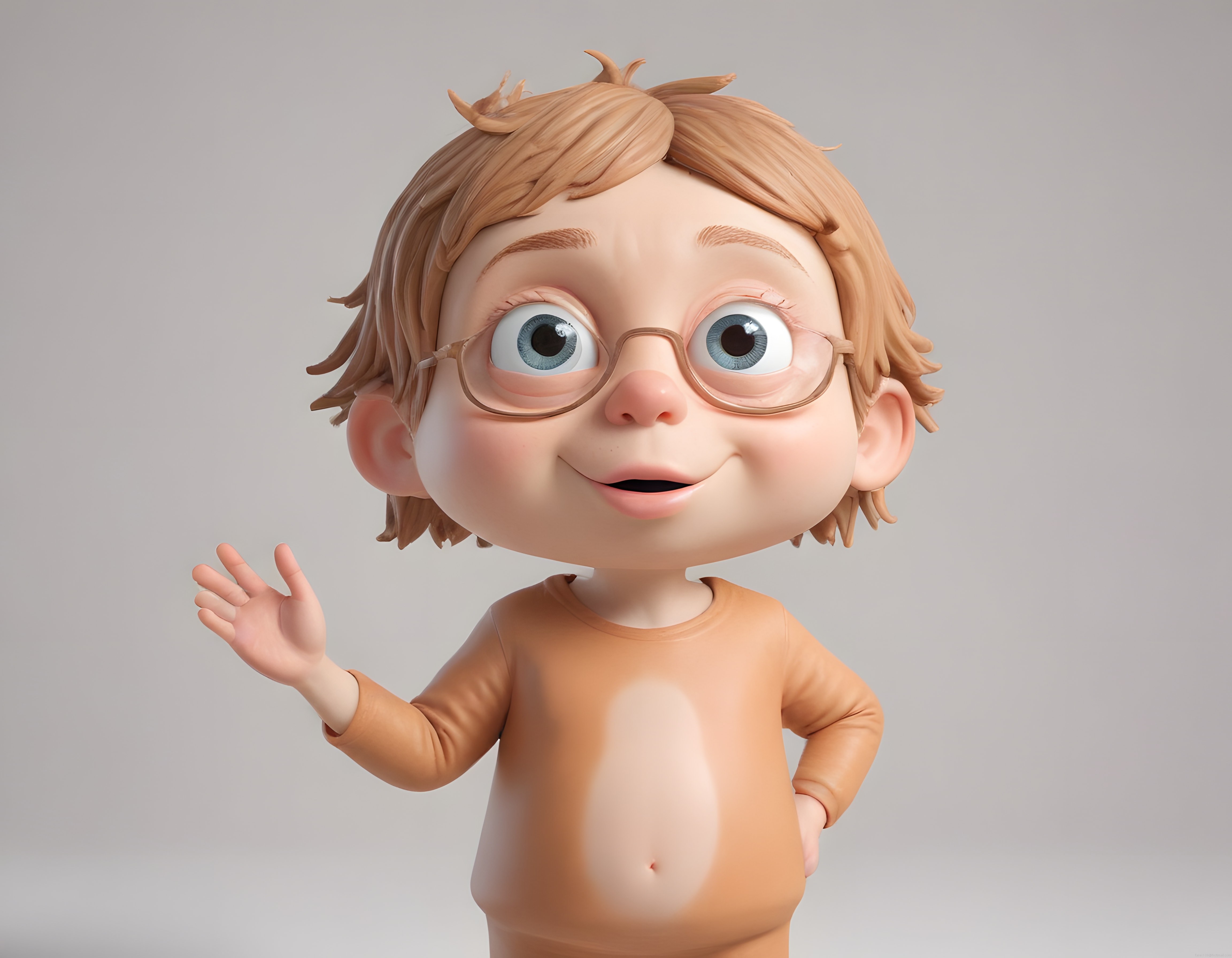 Sevimli Gözlüklü 3D Çizgi Film Çocuk Karakteri Gülümseyerek El Sallıyor