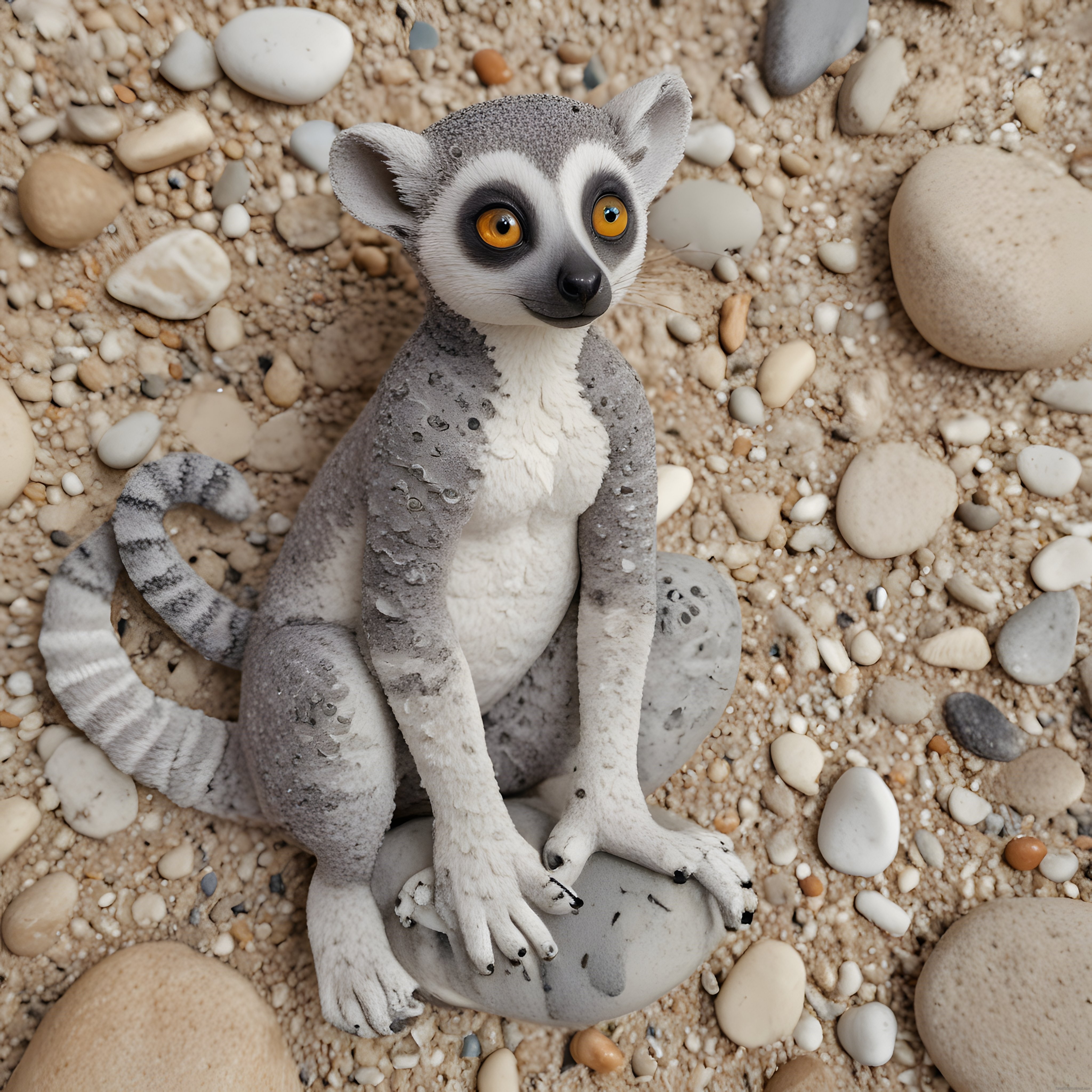 Sevimli Gri Kuyruklu Lemur Figürü Doğal Taşların Üzerinde Sakin Oturuyor