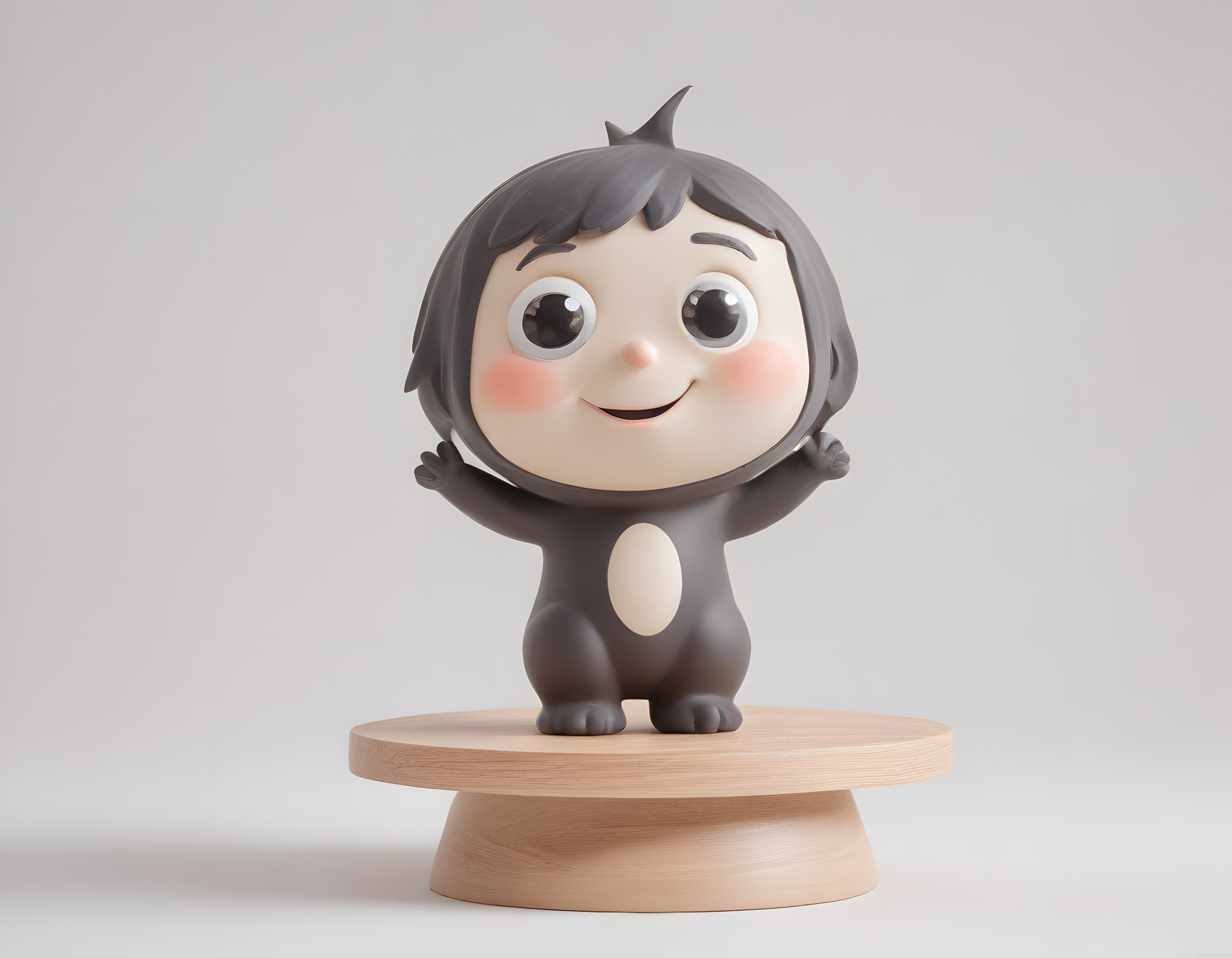 Sevimli gri maskot karakterin ahşap standda duran 3d render oyuncak figürü