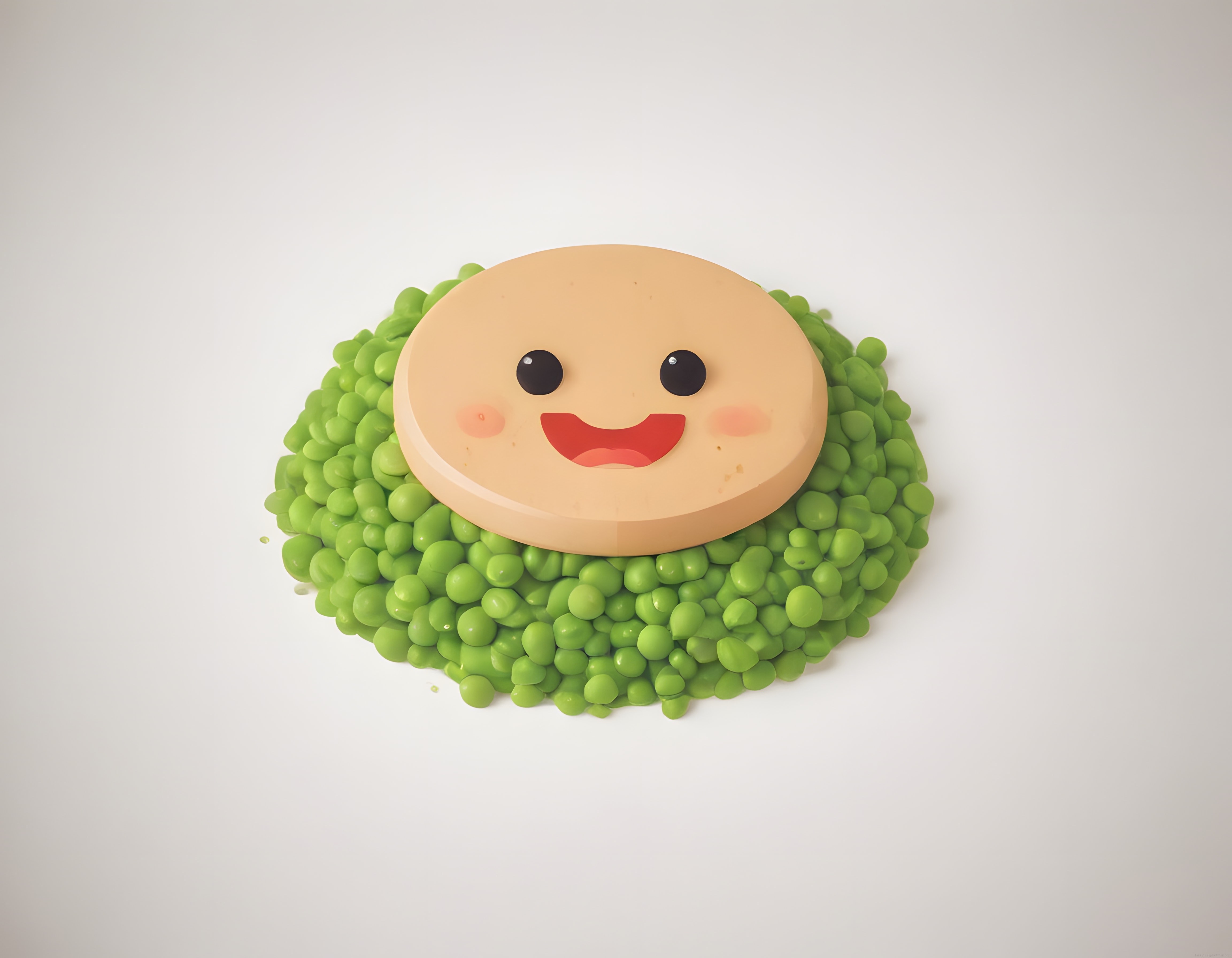 Sevimli Gülümseyen Bezelye Yatağında Yuvarlak Yüz: 3D Kawaii İllüstrasyon