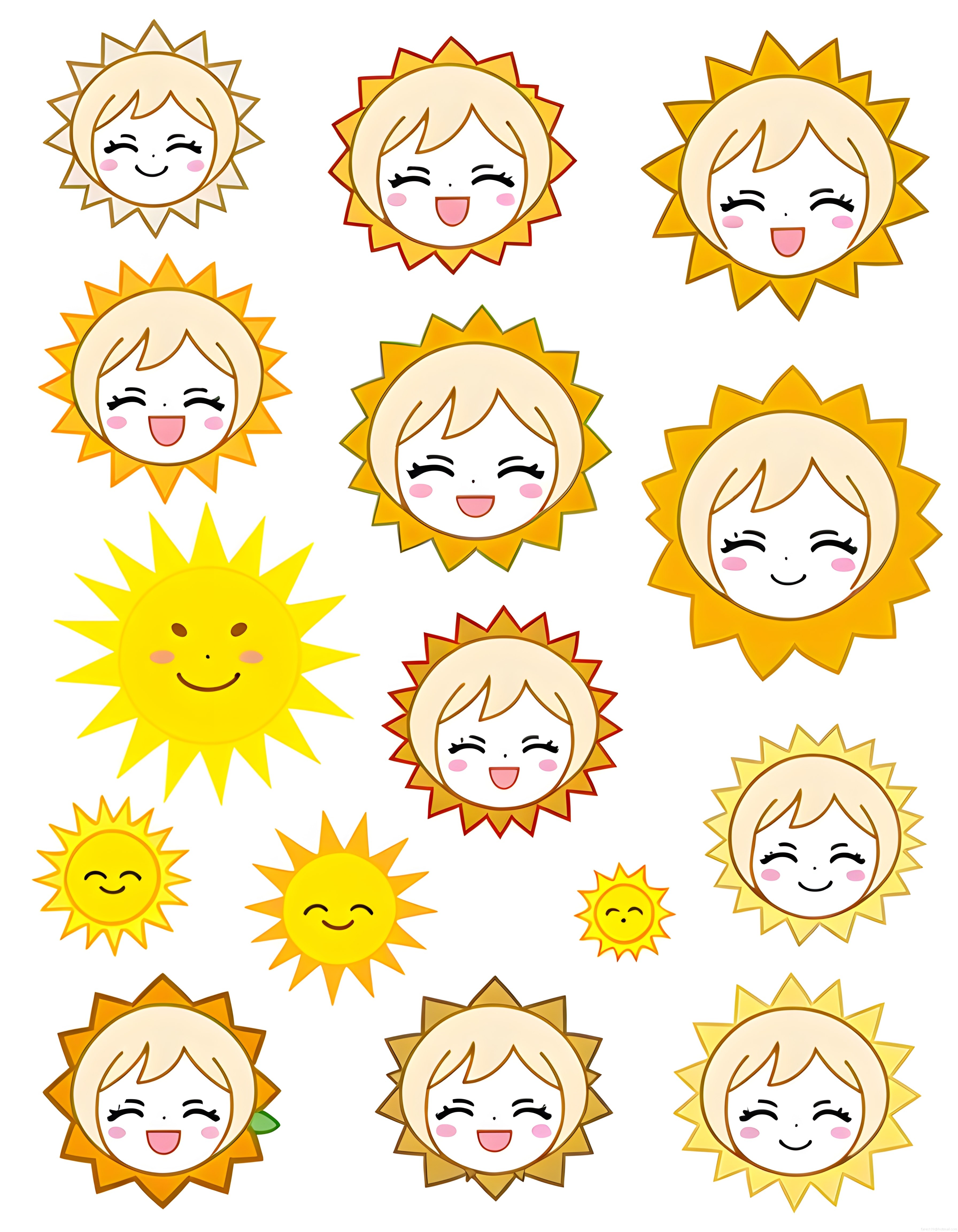 Sevimli güneş kızı anime maskotları ve kawaii emoji vektör illüstrasyon seti