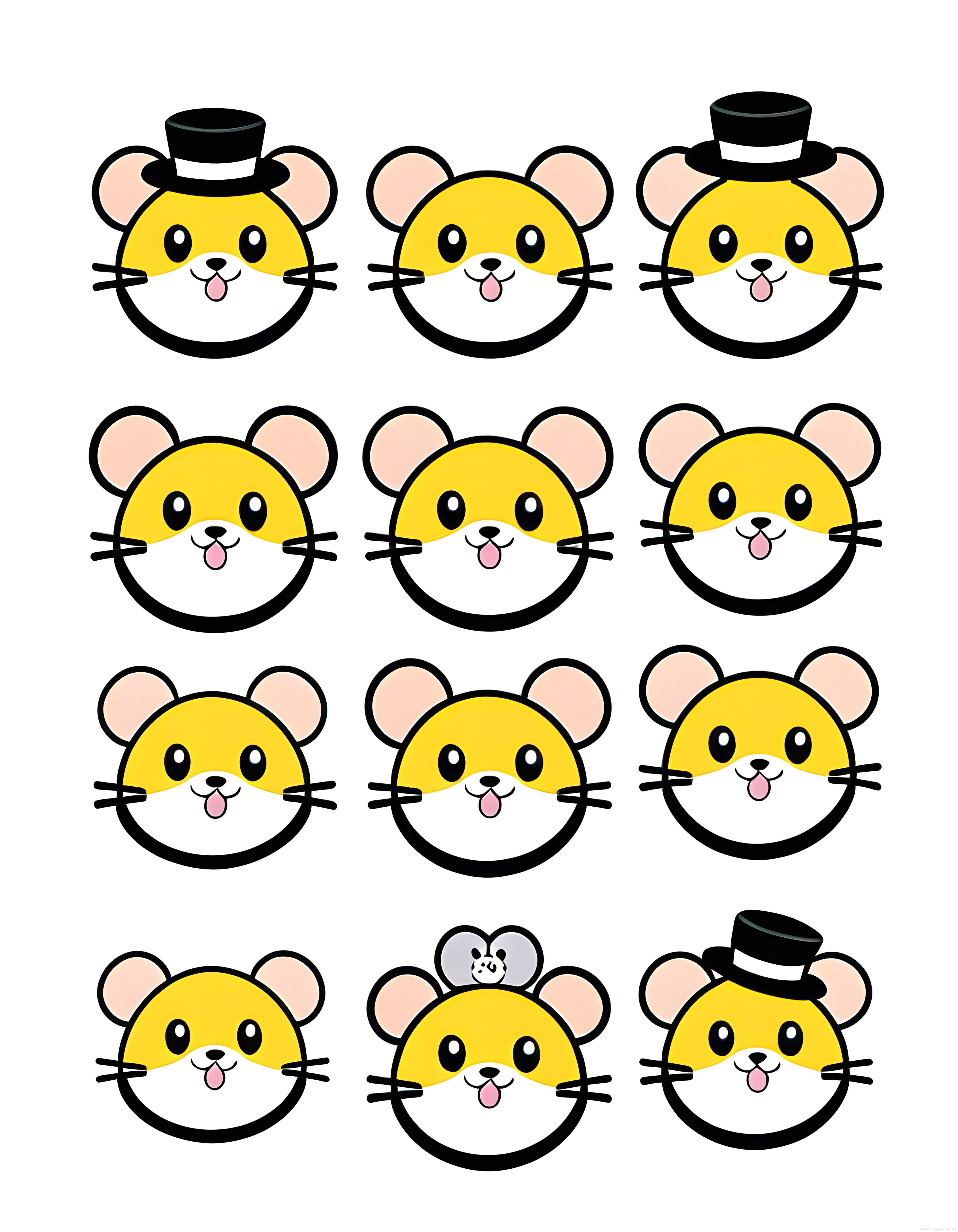 Sevimli Hamster Karakter Seti: 12 Farklı Şapkalı İfadeli ve Fareli Vektör