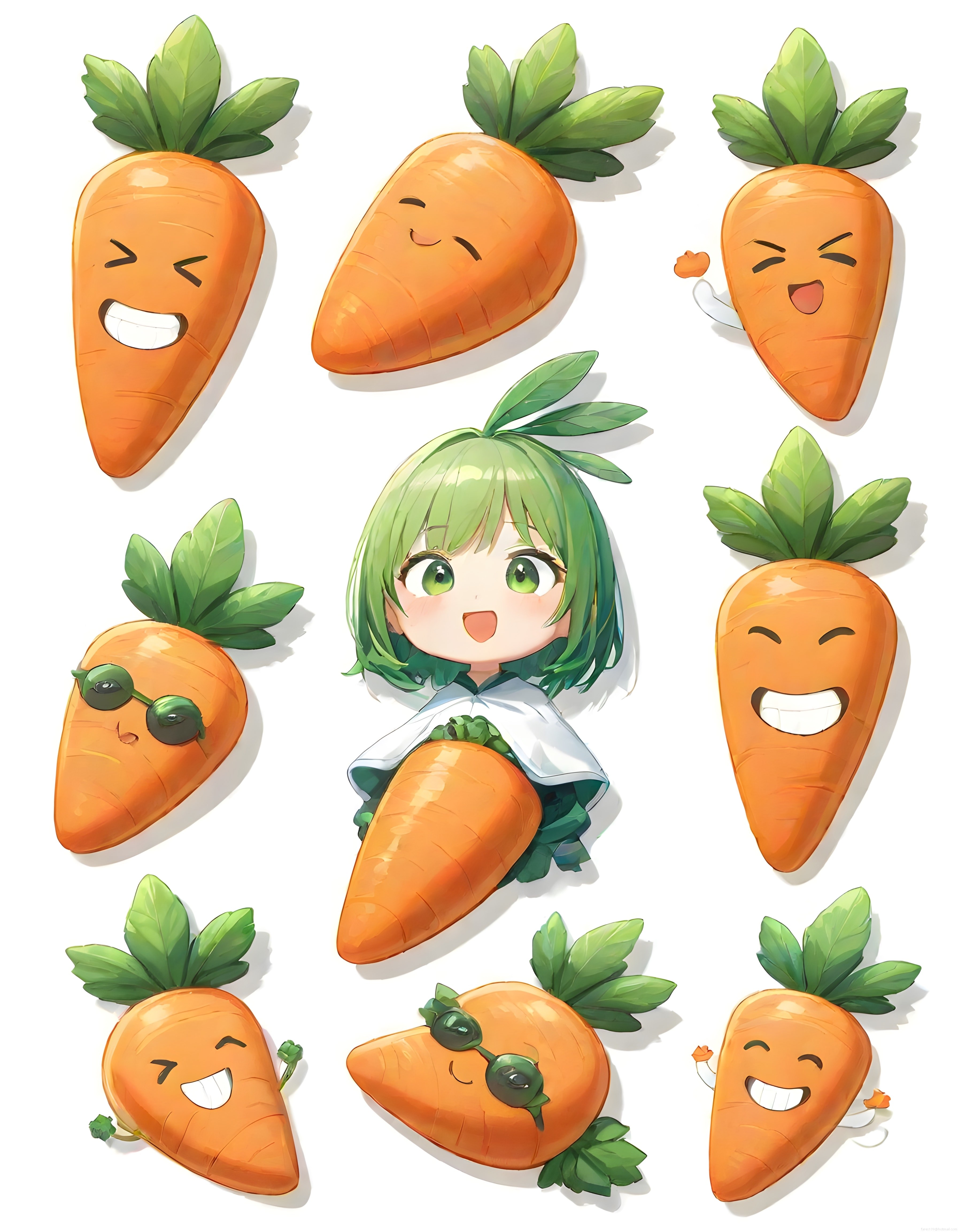 Sevimli Havuç Maskotları ve Chibi Anime Kız Dijital Sanat Çizimi