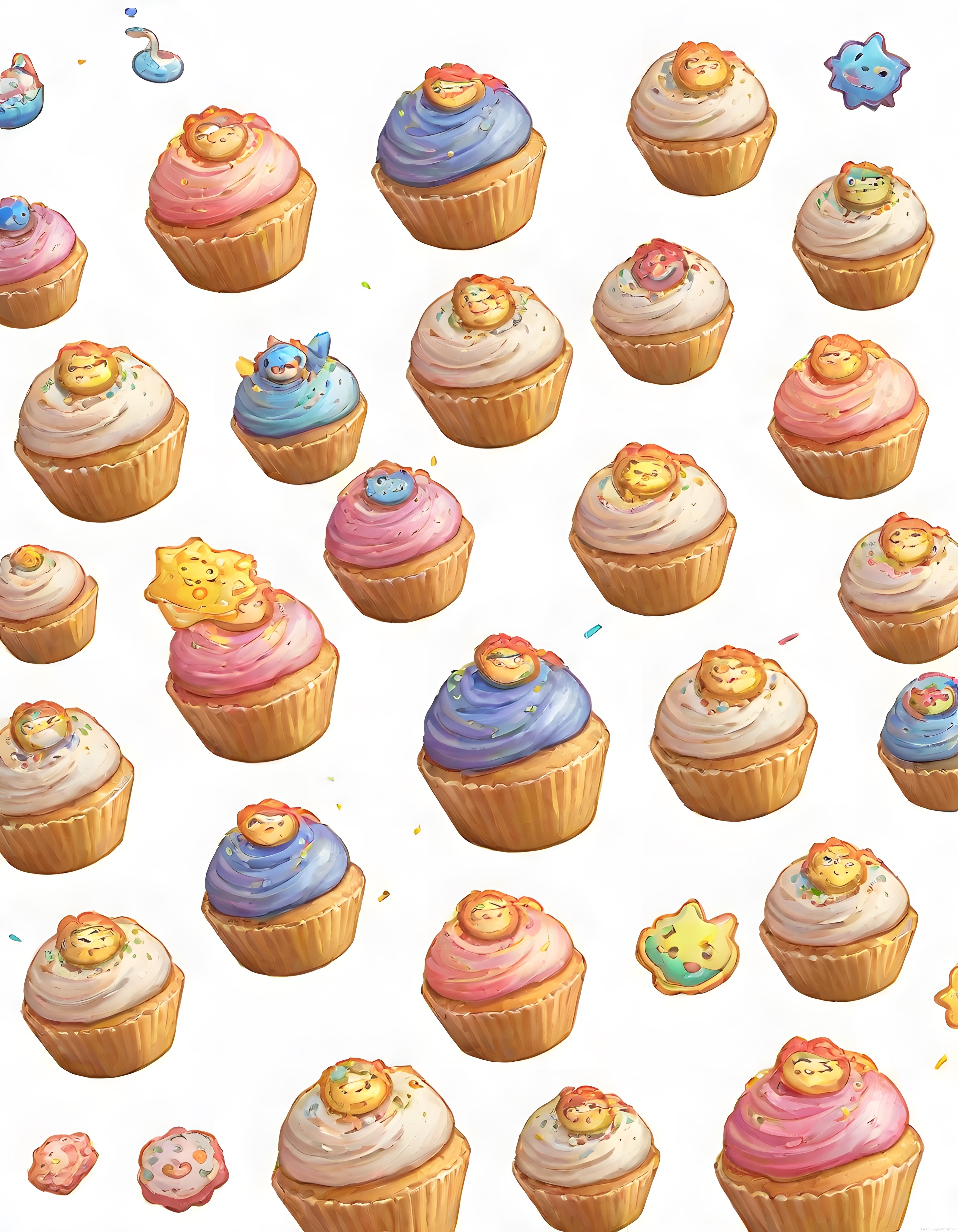 Sevimli hayvan figürlü renkli cupcake illüstrasyonları ve tatlı desenler