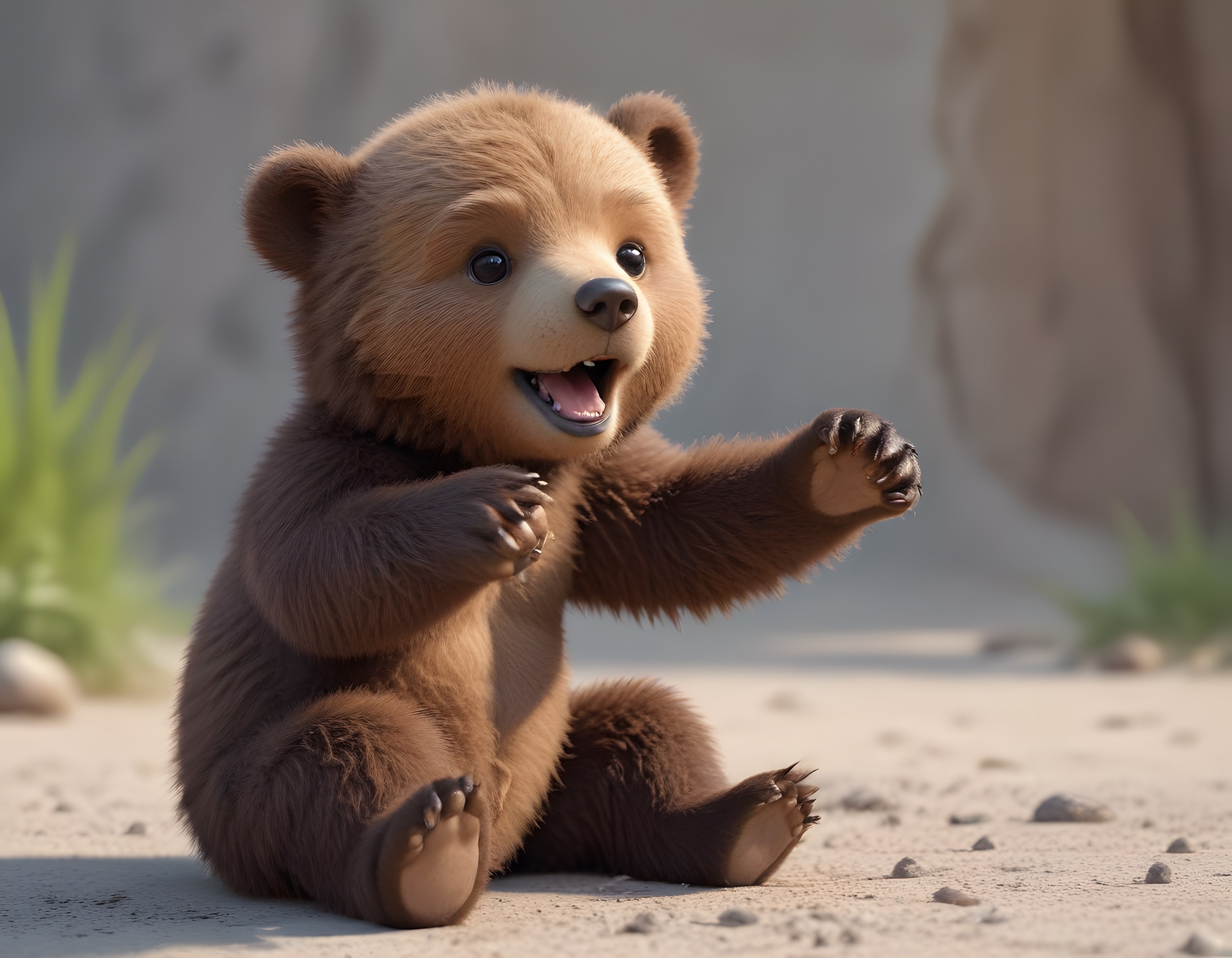 Sevimli Kahverengi Ayı Yavrusu Oturmuş Neşeli 3D Animasyon Görseli