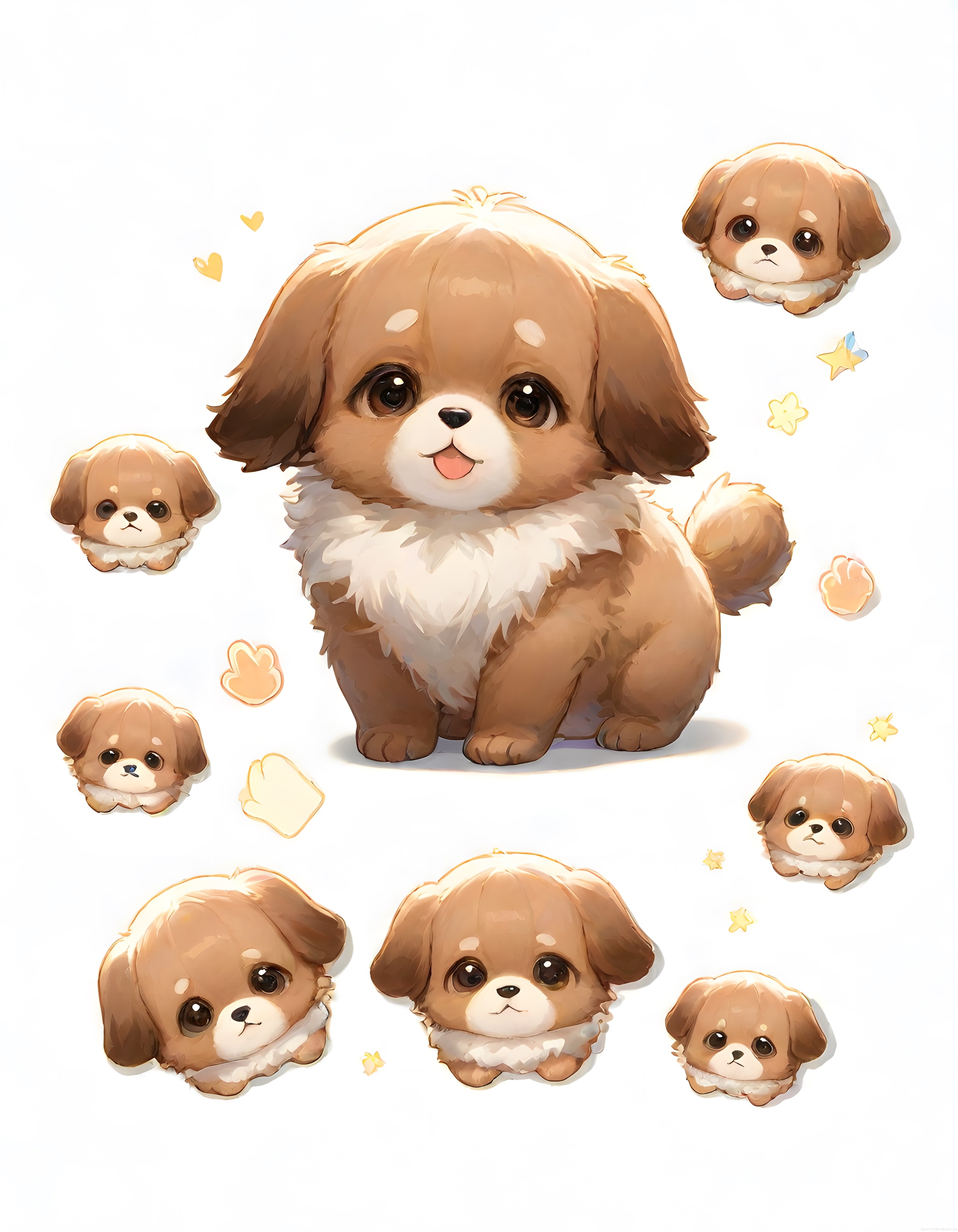 Sevimli kaniş köpek yavrusu chibi illüstrasyon ve surat çıkartmaları
