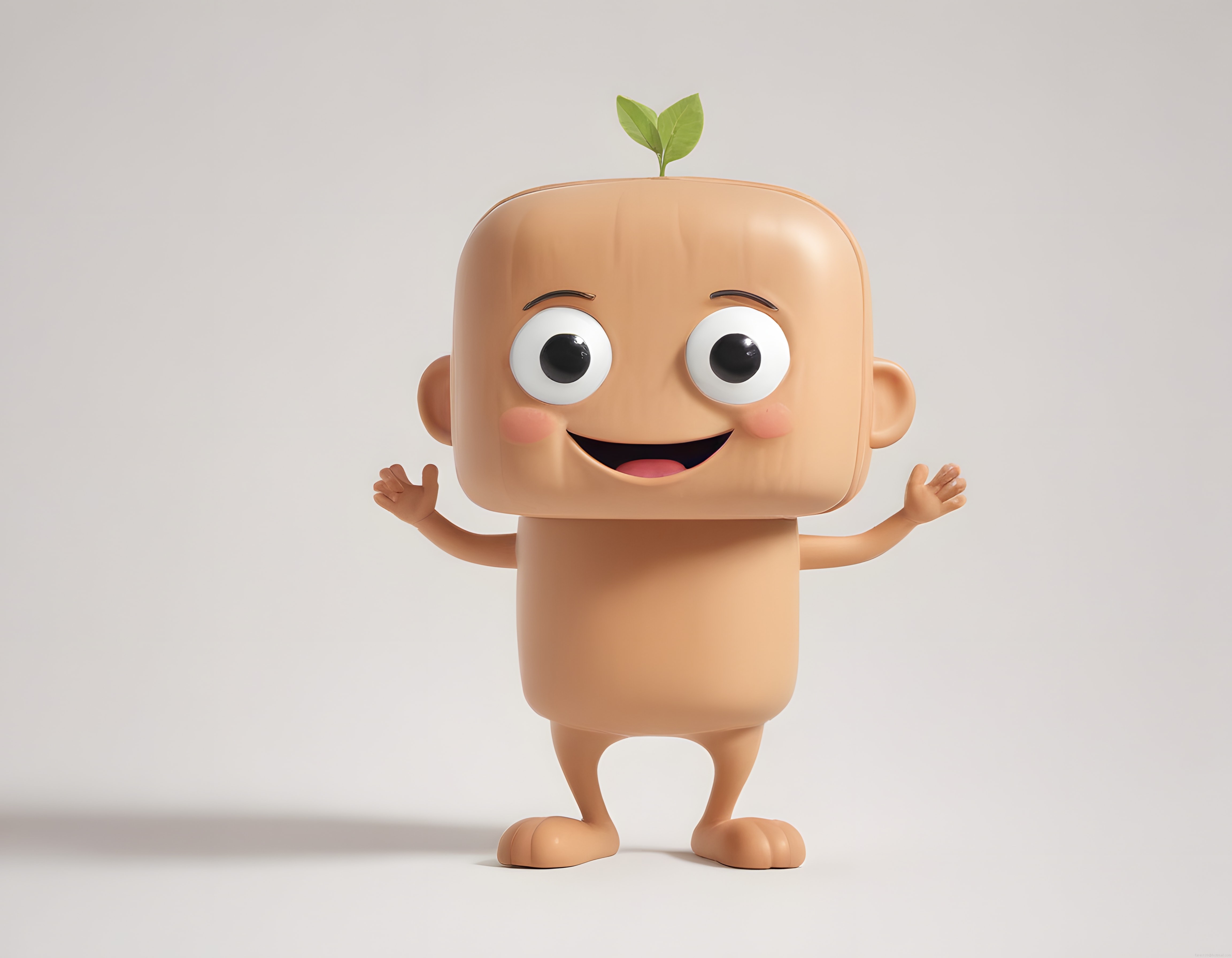 Sevimli Kare Şeklinde 3D Maskot Karakteri Başındaki Yeşil Fidanla Gülümsüyor