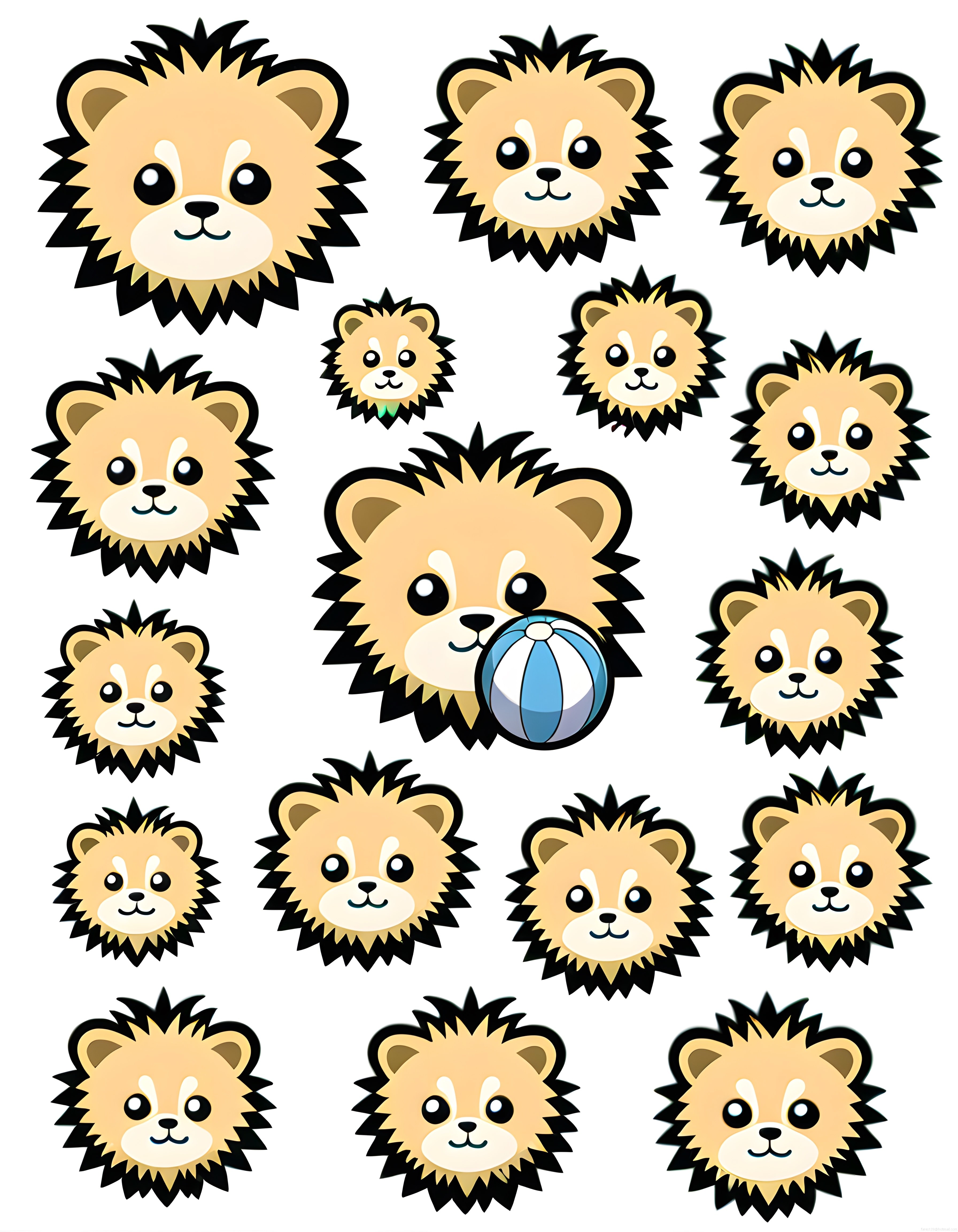 Sevimli karikatür aslan yüzleri ve farklı boyutlarda emoji çıkartma seti